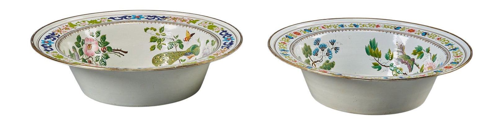 Pair of Enamel Chinese Style Bowls: Pair of enamel hand-painted Chinese style bowls, circa early 19th century height 15.5 in. x diameter 4.5 in. / each Provenance: Property from a home in San Antonio, Texas
