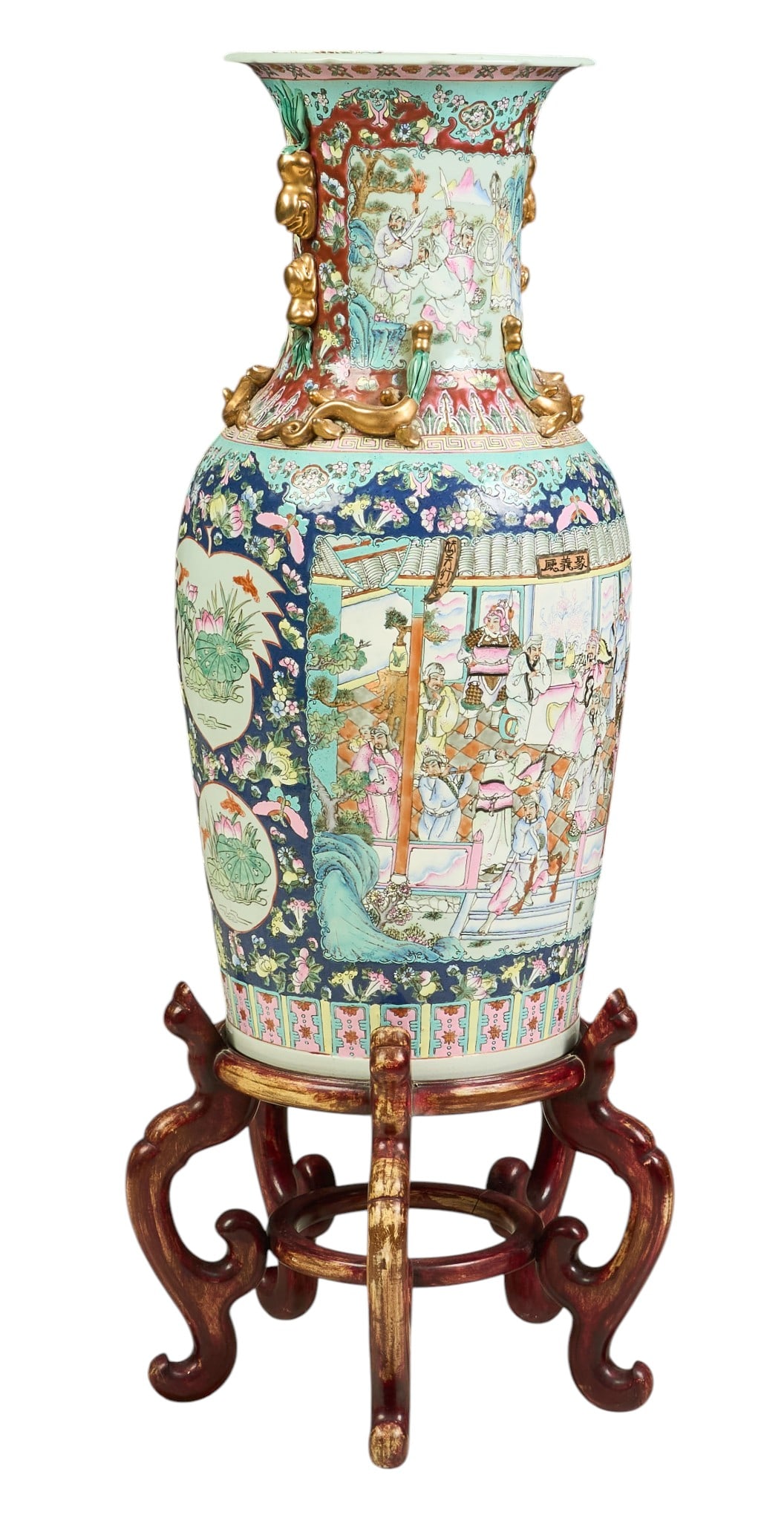Large Chinese Famille Floor Vase with Stand: Large Chinese Famille Rose porcelain floor vase featuring hand-painted court scenes, and gilt accents, supported on carved wooden stand height 50.5 in. x width 20.5 in. x depth 20.5 in. 