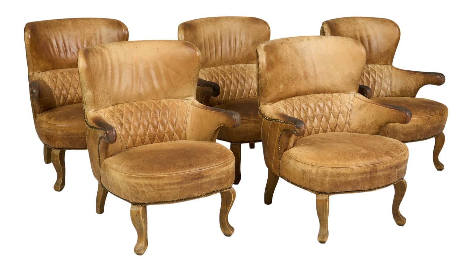 (5) Distressed Leather Armchairs: Pair of five distressed leather chairs supported on wooden cabriole legs height 33 in. x width 24 in. x depth 28 in. / each 