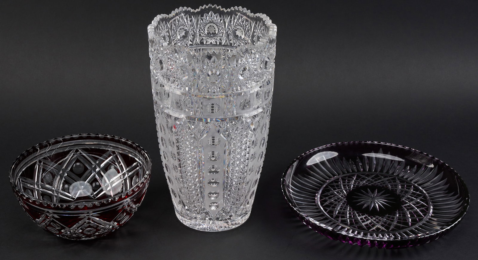 (3) Pcs of Bohemian Crystal Tableware: Three pieces of Bohemian crystal tableware, includes vase, bowl, and plate height 12 in. x width 7 in. x depth 7 in. / largest Provenance: Property from a home in San Antonio, Texas 