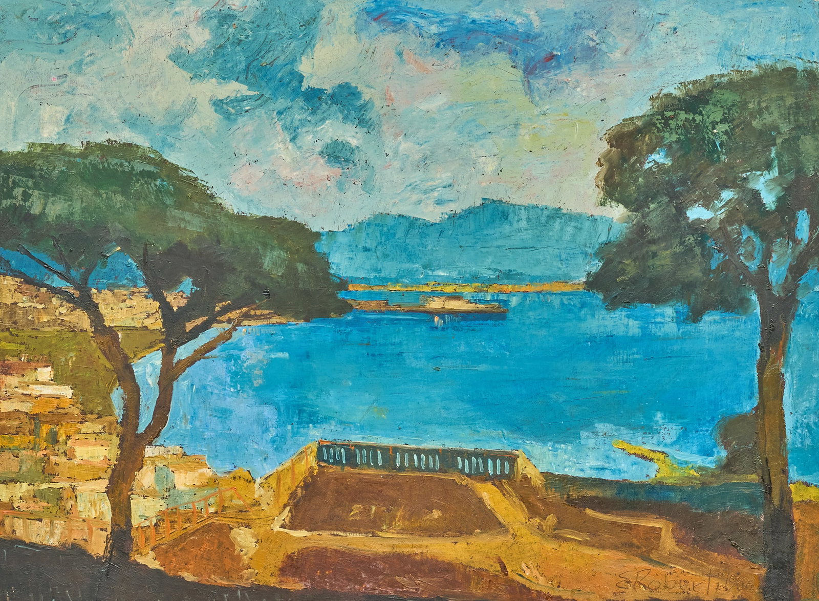 Enzo Roberti, Mediterranean Coast:  Enzo Roberti (Italy, b. 20th C.), Mediterranean coastal scene, oil on canvas, signed and dated on the verso, 1966 sight: 24 x 32 in., frame: 31 x 39 in. Provenance: Property from a home in