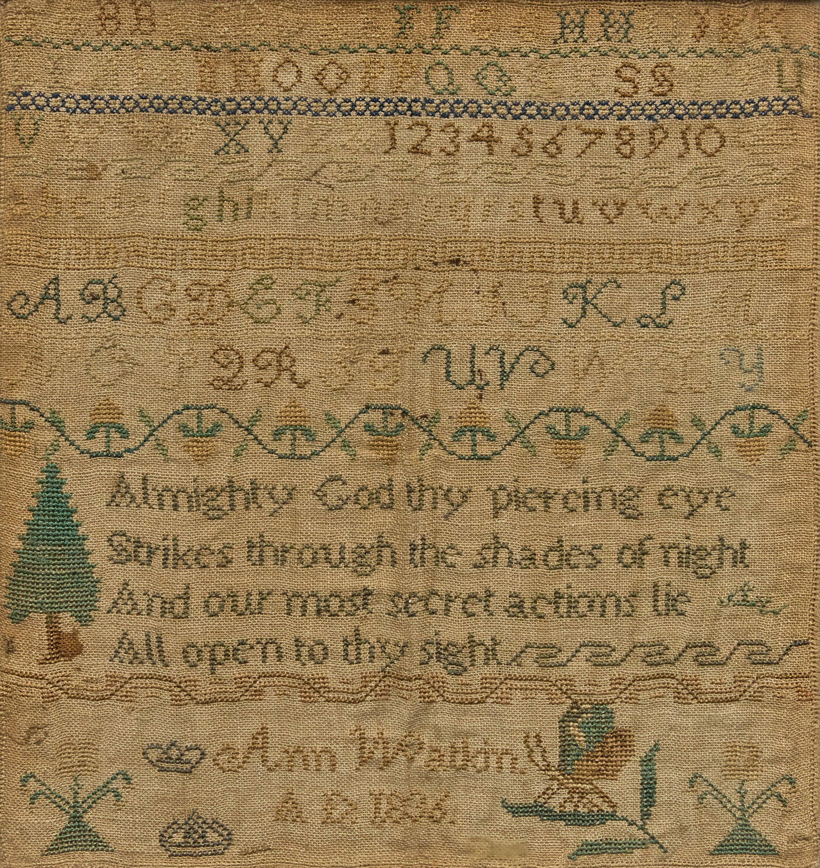 1836 Antique Embroidery Sampler: Antique framed embroidery sampler by Ann Walkin, dated A. D. 1836 sight: 13 x 12 in., frame: 14 x 13 in. Provenance: Property from a home in College Station, Texas 