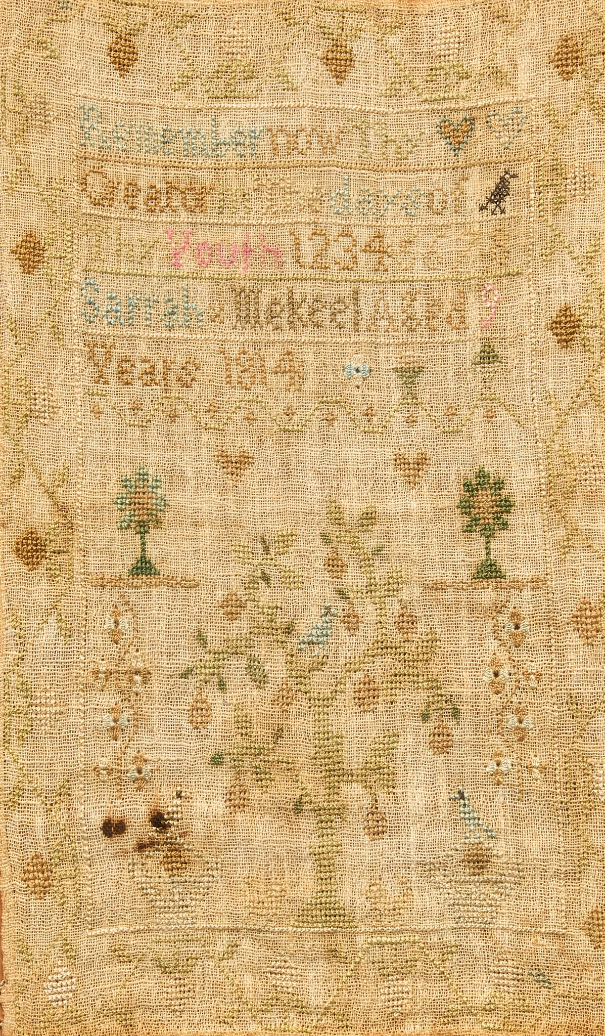 1814 Antique Embroidery Sampler: Antique framed embroidery sampler by Sarrah Mekeel, "aged 9 years 1814" sight: 14 x 9 in., frame: 18 x 13.5 in. Provenance: Property from a home in College Station, Texas