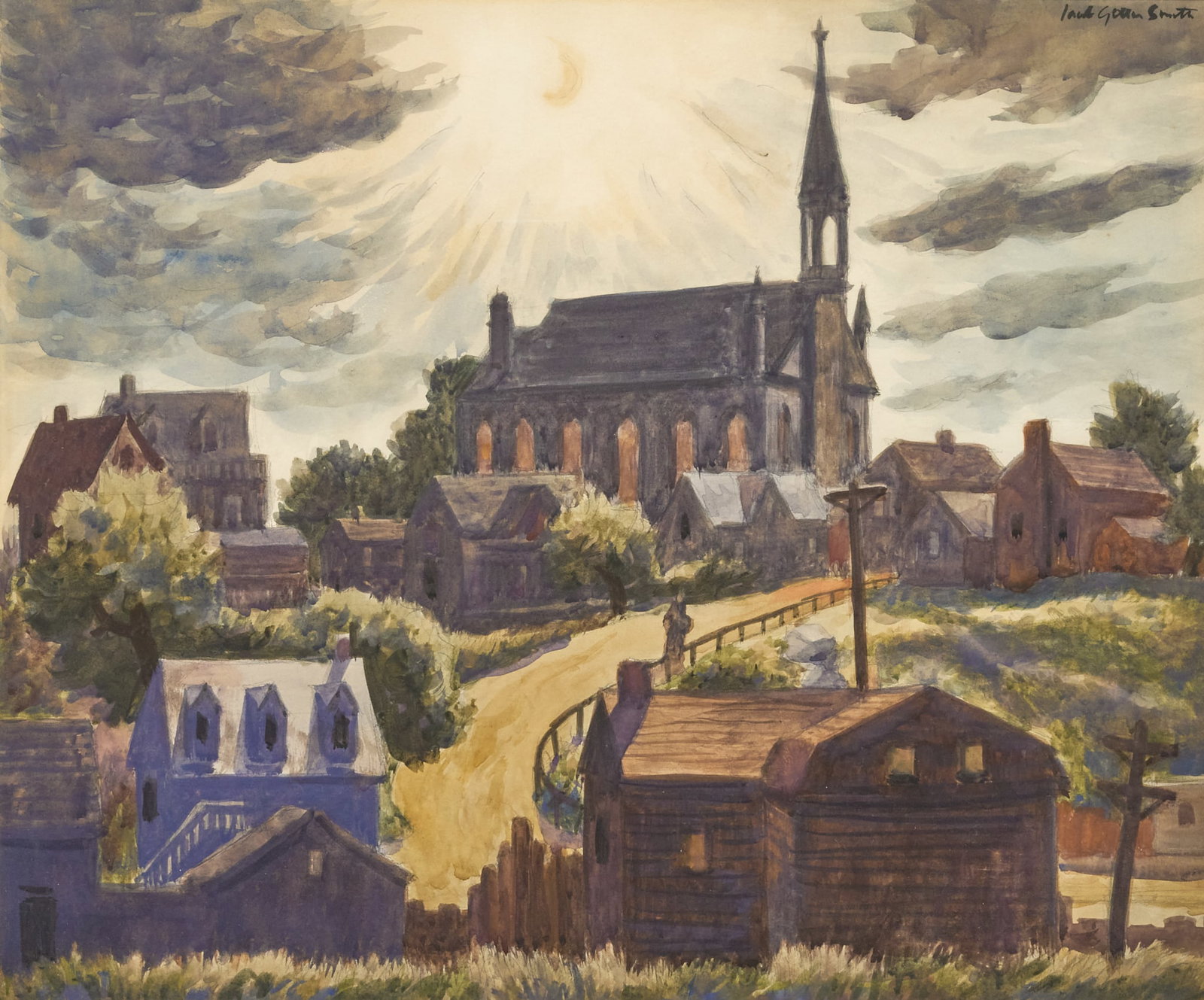 Jacob Getlar Smith, French Village: Jacob Getlar Smith (New York, 1898-1958), French village scene, watercolor on paper, signed upper right, circa 1930s sight: 20 x 24 in., frame: 29 x 32.5 in. Note: After winning the Guggenheim
