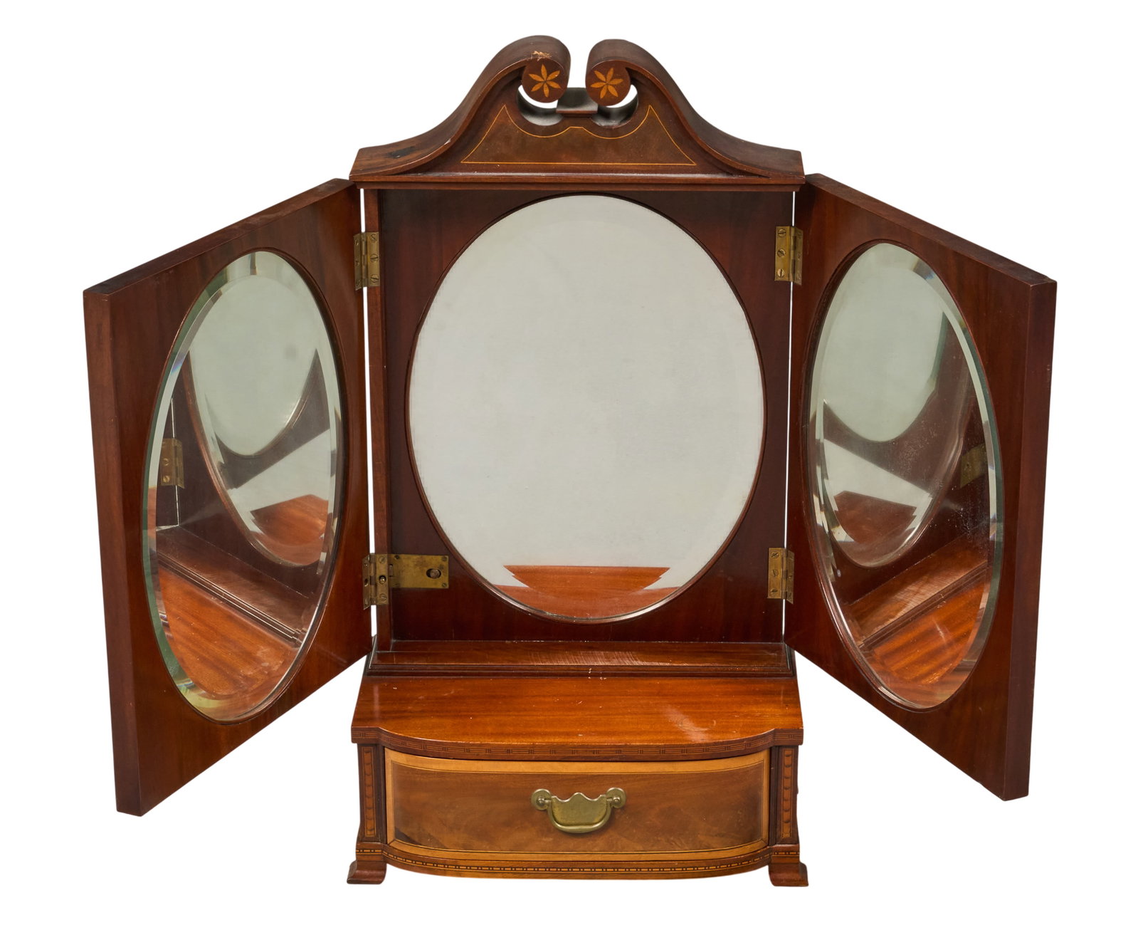 Table Top Vanity: Table top vanity, with three mirrors, and one drawer height 25.5 in x width 15 in x depth 9 in Provenance: Property from a home in San Antonio, Texas 