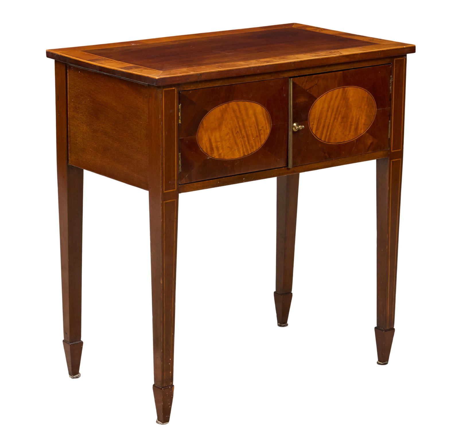 Small Inlaid Side Table: Small marquetry inlaid side table, with two door panels, supported on tapered legs height 30 in. x width 28 in. x depth 16.5 in. Provenance: Property from a home in San Antonio, Texas 