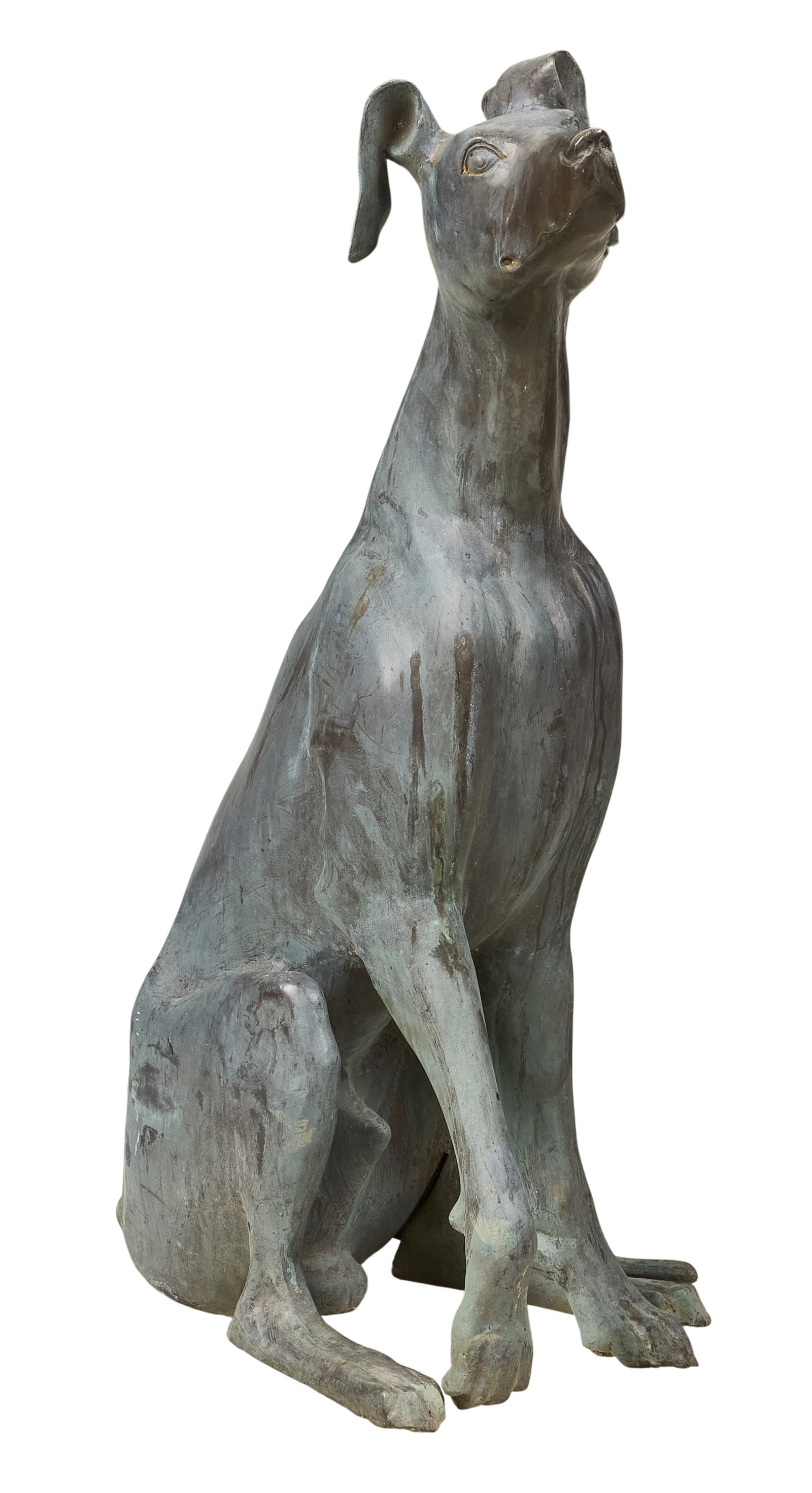 Life-Sized Metal Hound Sculpture: Life-sized seated hound outdoor sculpture, cast metal height 38 in. x width 16 in. x depth 20 in. Provenance: Property from a Tucson, Arizona art and antiques collector