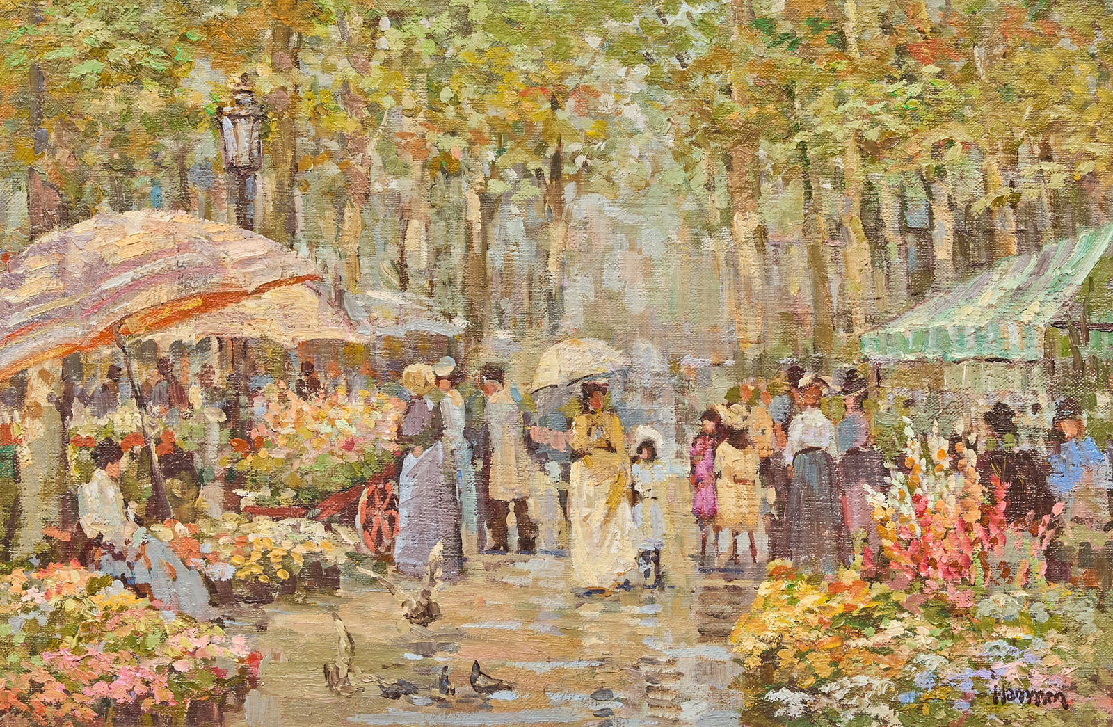 Robert Hamman, "Morning of the Market": Robert Hamman (Texas, b. 1938), "Morning of the Market", oil on canvas, signed lower right, titled on the top stretcher bar sight: 12 x 18 in., frame: 20 x 26 in.