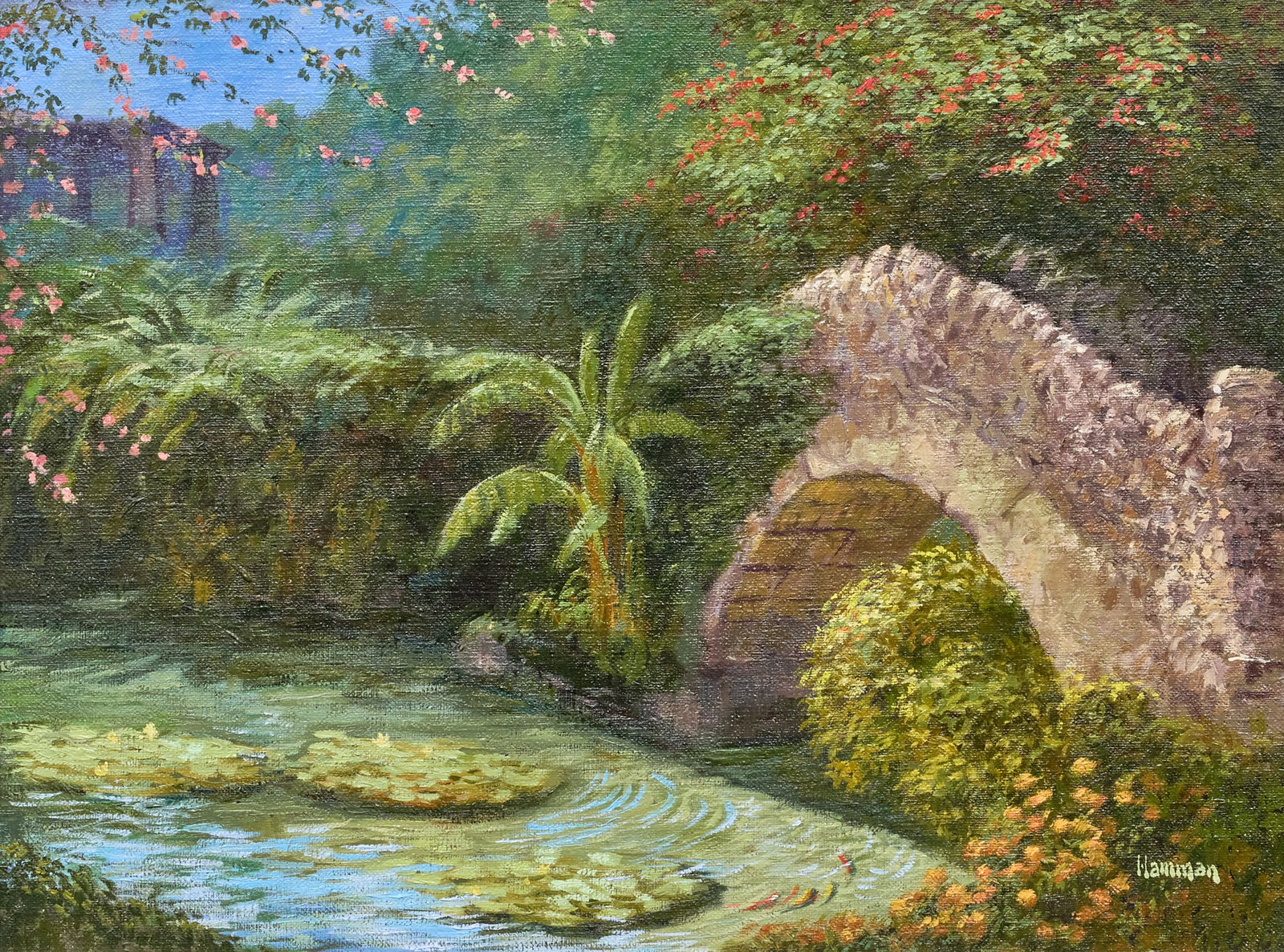 Robert Hamman, "Sunken Gardens": Robert Hamman (Texas, b. 1938), "Sunken Gardens", a San Antonio landmark, oil on canvas, signed lower right, titled on the stretcher bar sight: 12 x 16 in., frame: 21 x 25 in.