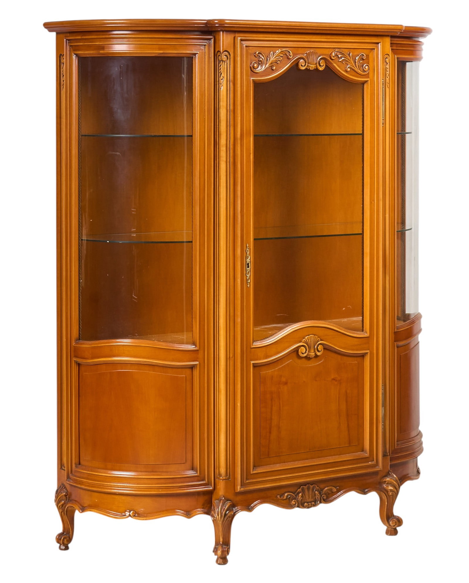 Louis XV Style Display Cabinet: Louis XV style curio cabinet with glass doors and ornate carvings height 67 in. x width 52 in. x depth 21 in. 