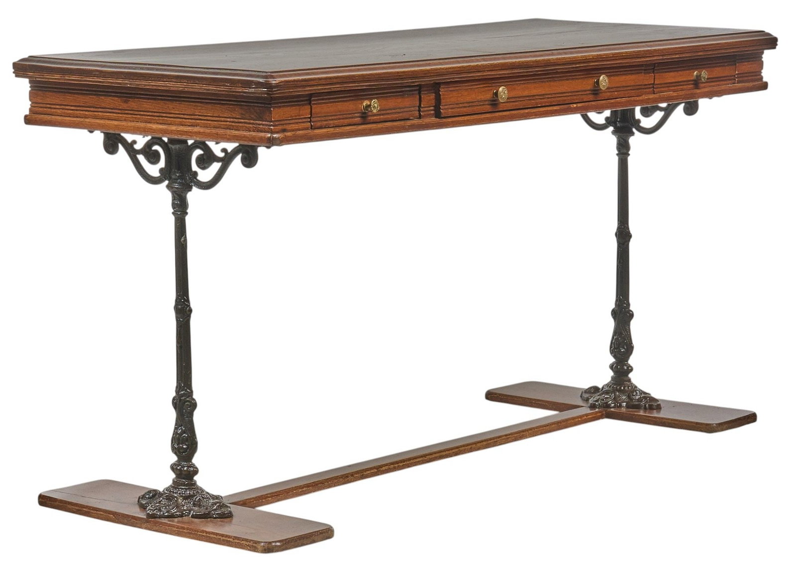 Iron Writing Desk: Desk with wrought iron legs, three small drawers with metal pulls, on H-frame base height 33 in. x width 60 in. x depth 26 in. Provenance: Property from a home in San Antonio, Texas