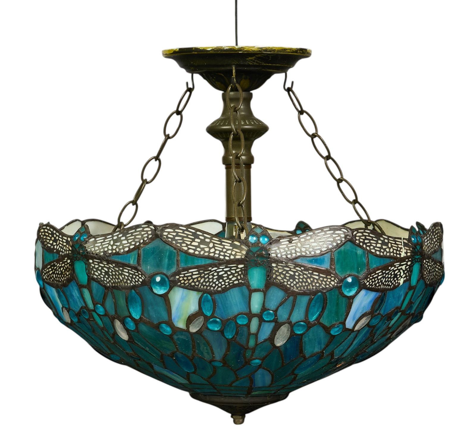 Tiffany Style Lighting Fixture: Tiffany style slag glass lighting fixture with dragonfly motifs height 14 in. x width 16 in. x depth 16 in. Provenance: Property from the collection of an industrial chemicals entrepreneur,