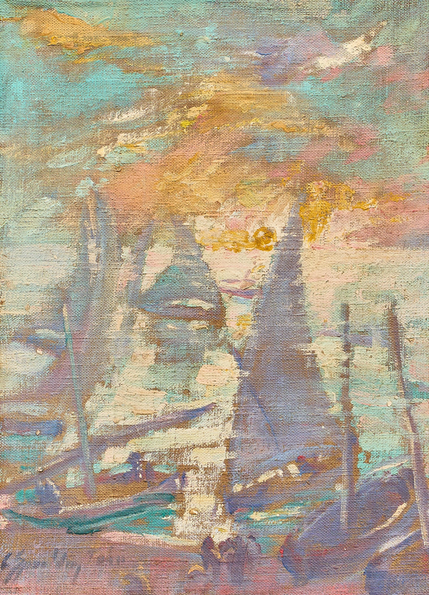 Grace Spaulding John, "Dawn in Spain": Grace Spaulding John (Texas / California, 1890-1972), "Dawn in Spain", with inscription on the verso in artist's hand: "Dawn in Spain / Painted in France ; French hand carved gold