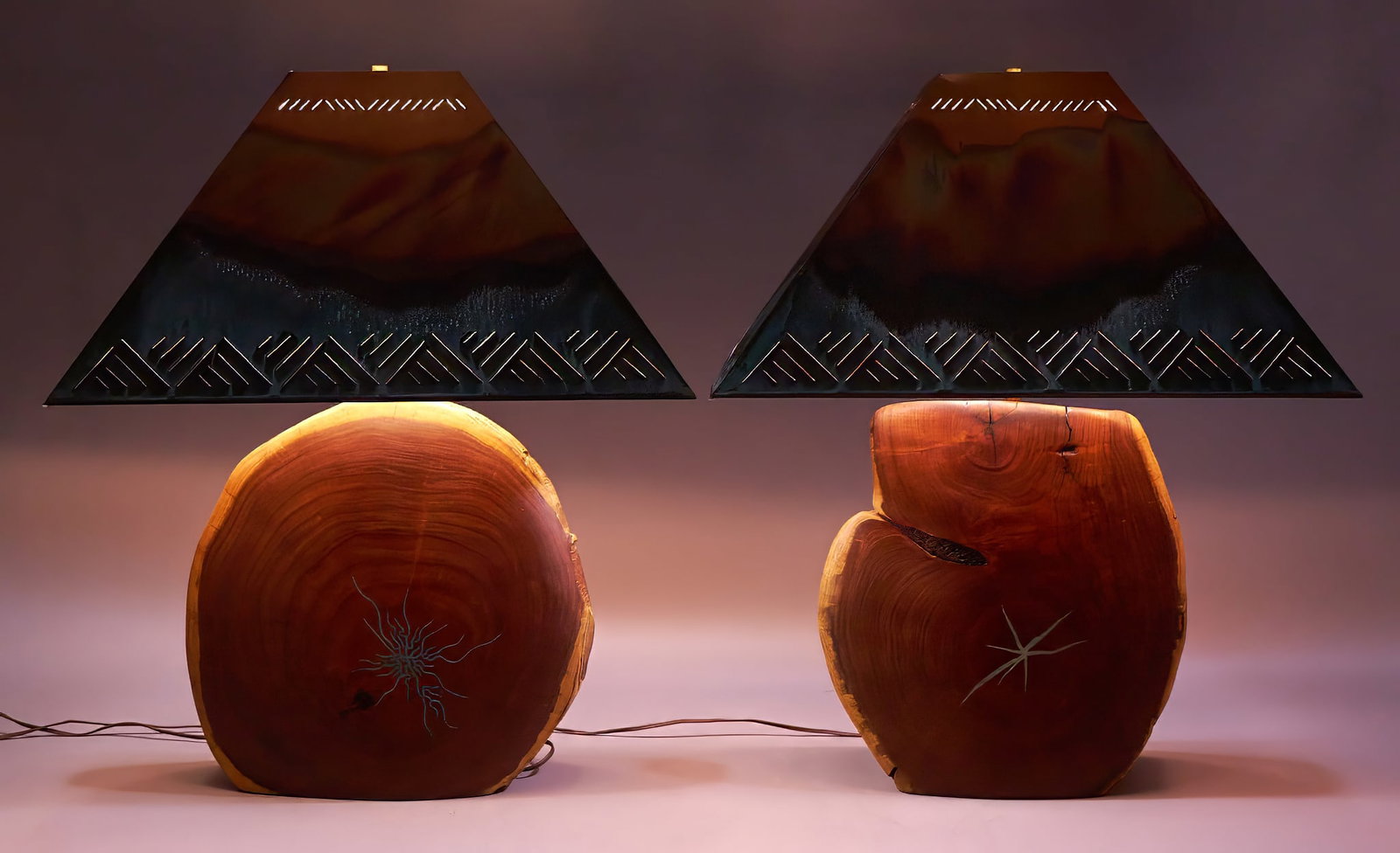 Set of (2) W. Kohler Lamps: Set of two W. Kohler lamps with mesquite wood live edge base and turquoise inlay, with copper shade featuring hand-cut landscape motif height 30 in. x width 25 in. x de