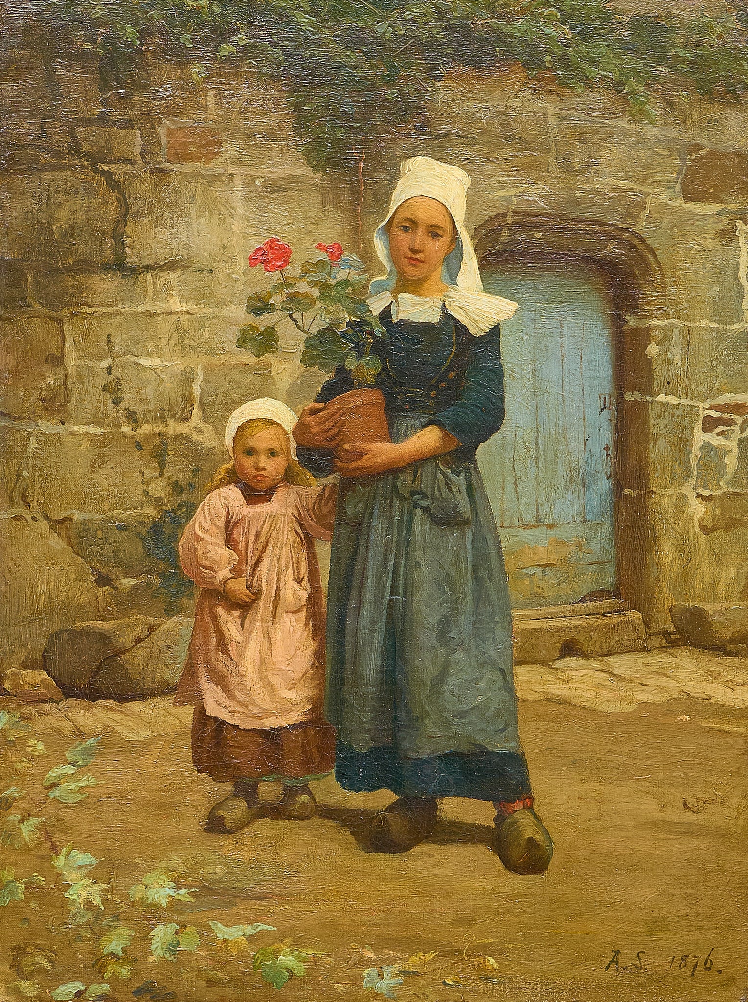 Adrian Stokes, "The Red Geranium": Adrian Scott Stokes (United Kingdom, 1854-1935), "The Red Geranium", oil on canvas, signed and dated lower right, 1876 sight: 16 x 12 in., frame: 22.5 x 18 in. Provenance: Property