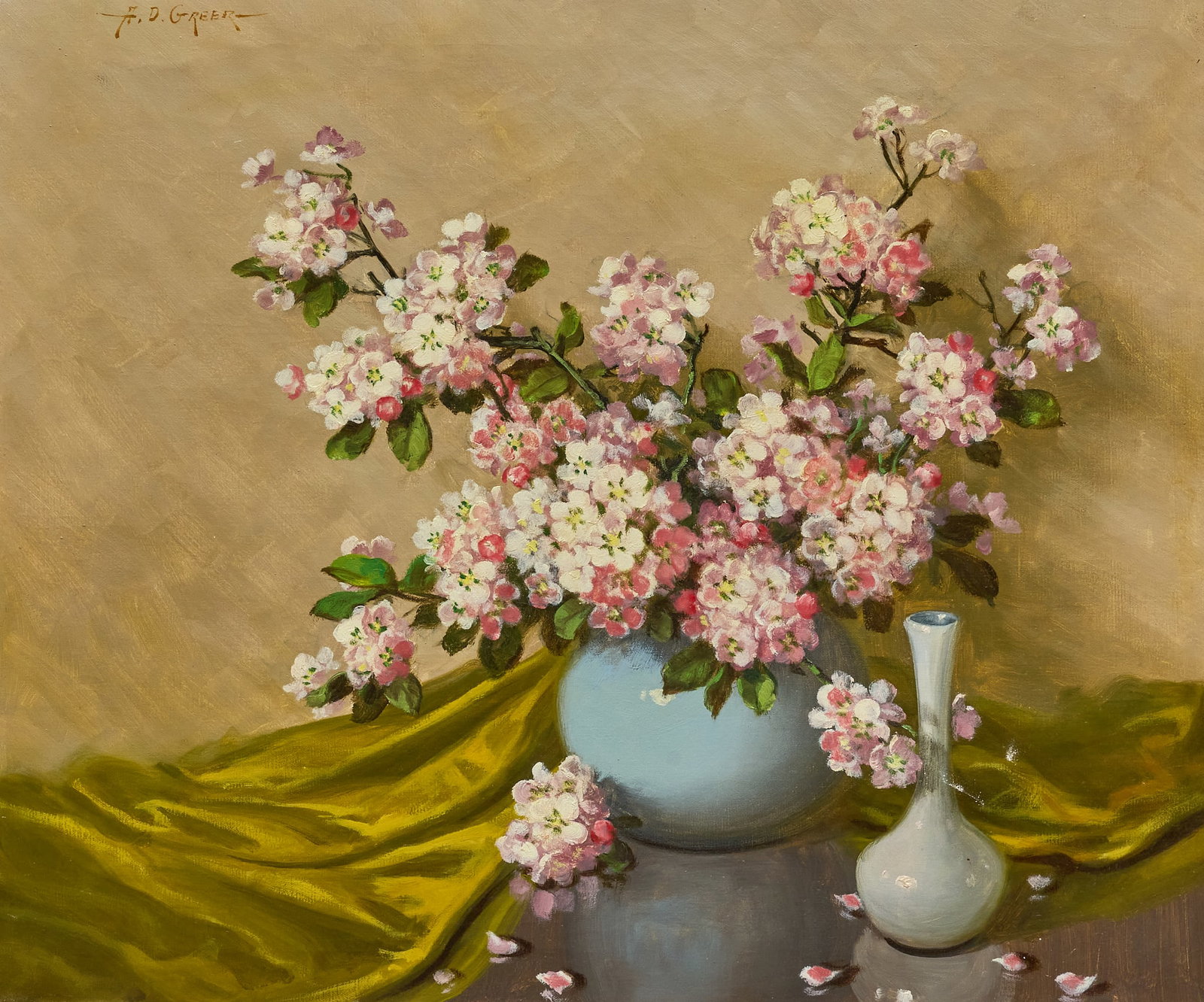 A. D. Greer, Cherry Blossoms Still Life: Aubrey Dale Greer (Oklahoma / Texas, 1904-1998), floral still life, oil on canvas, signed upper left sight: 25 x 30 in., frame: 34 x 39 in. Provenance: Property from a Fredericksburg, Texas