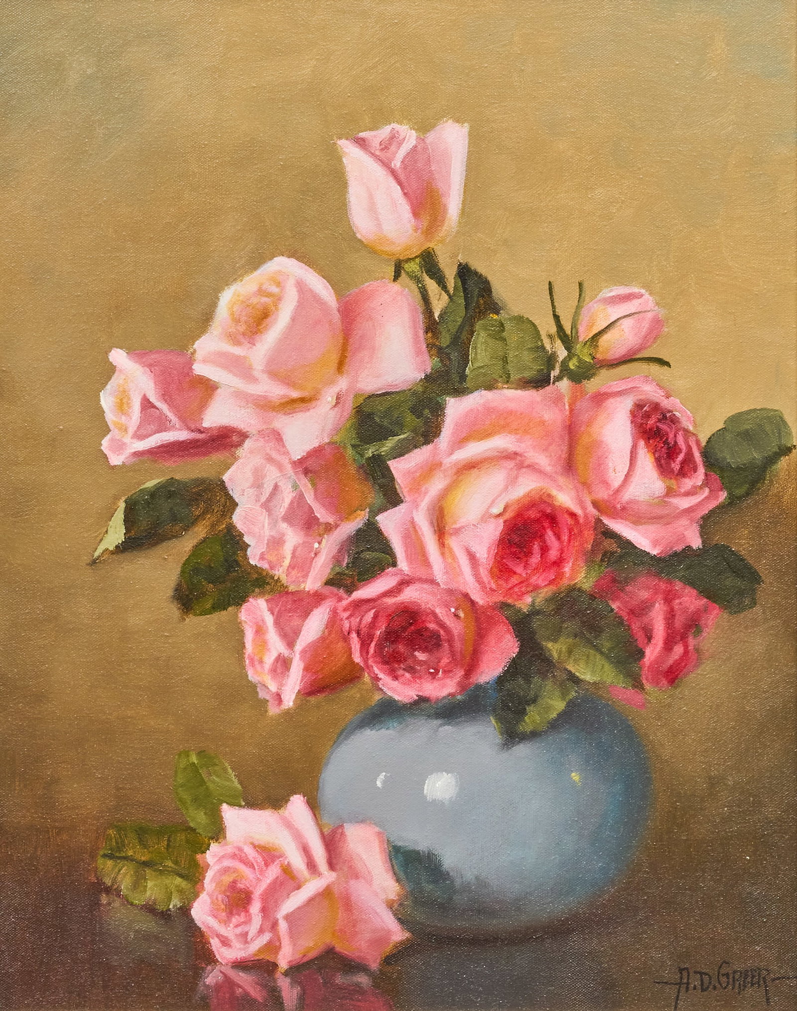 A. D. Greer, Roses Still Life *frame mmm: Aubrey Dale Greer (Oklahoma / Texas, 1904-1998), still life with pink roses, oil on canvas, signed lower right sight: 20 x 16 in. Provenance: Property from an Austin, Texas collector