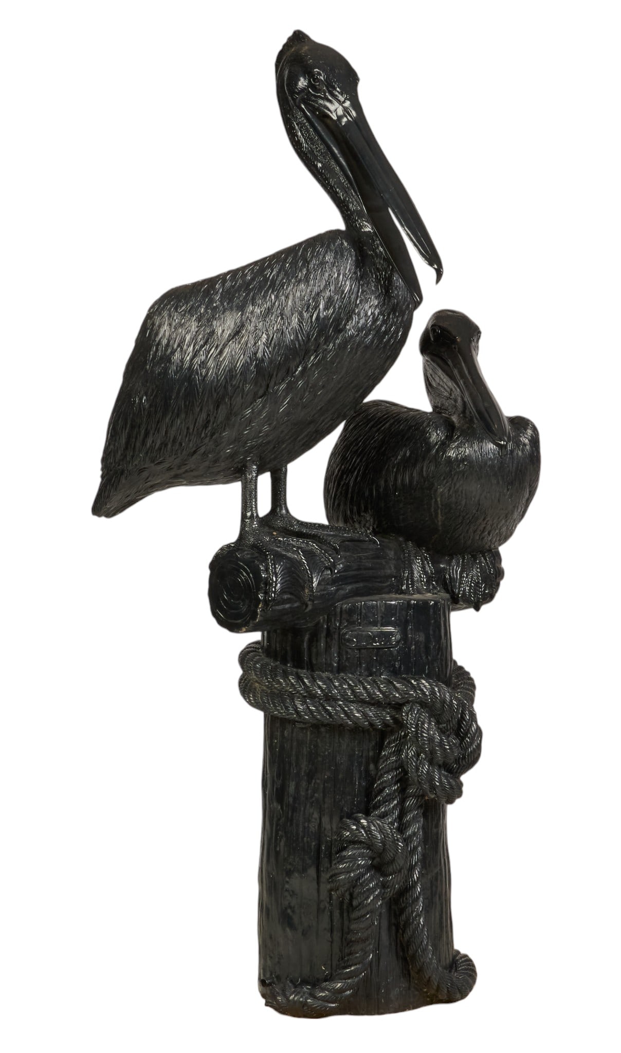 Large Pelican Fountain: Large ebonized cast-alluminum fountain depicting two pelicans on rope-wrapped mooring post, signed "S. David" height 86 in. x width 43 in. x depth 47 in. Provenance: Property from a ho