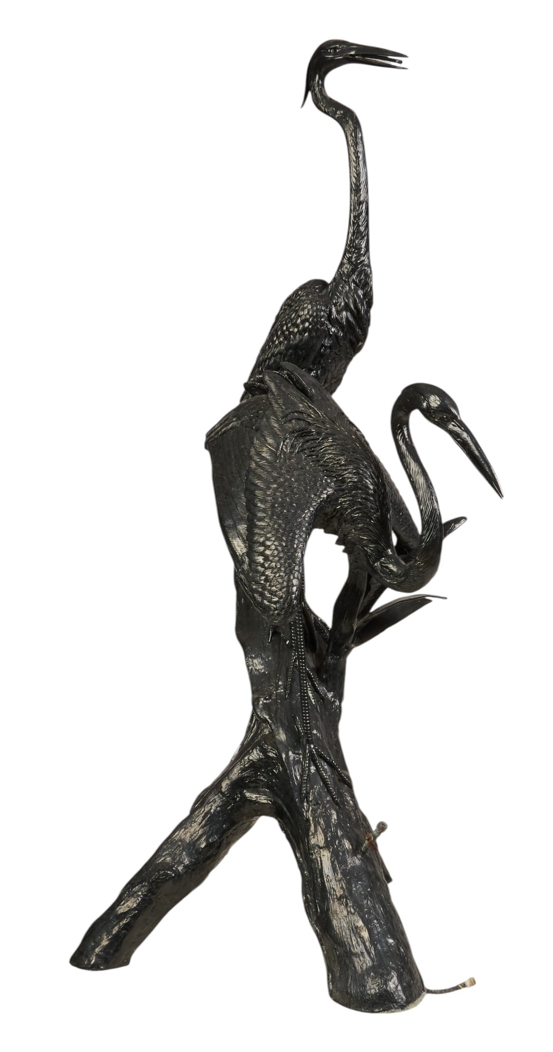Large Herons Sculpture Fountain: Large ebonized cast-aluminum fountain depicting two herons on log height 83 in. x width 40 in. x depth 39 in. Provenance: Property from a home in San Antonio, Texas