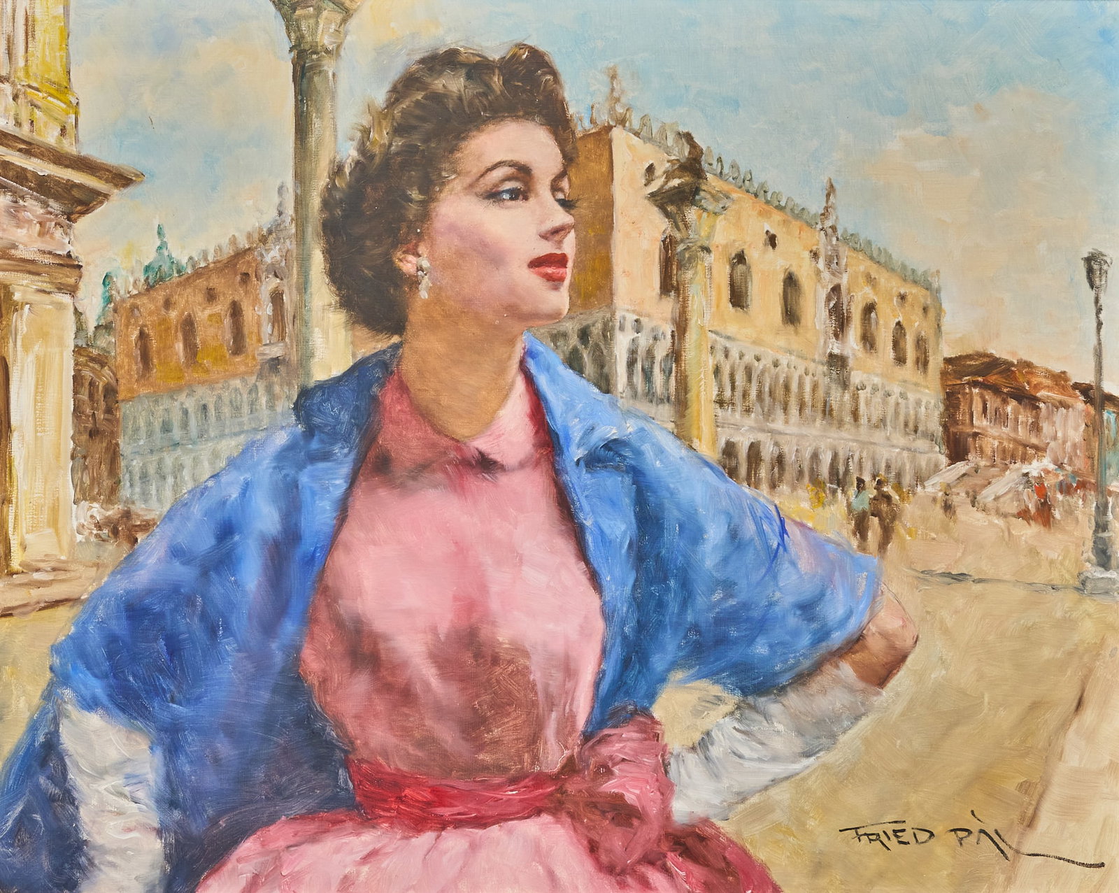 Pal Fried, Lady in Venice *frame mmm: Pal Fried (Hungary / America, 1893-1976), lady in Venice, oil on canvas, signed lower right, last name first in the Hungarian manner sight: 24 x 30 in. Provenance: Property from an Austin, T
