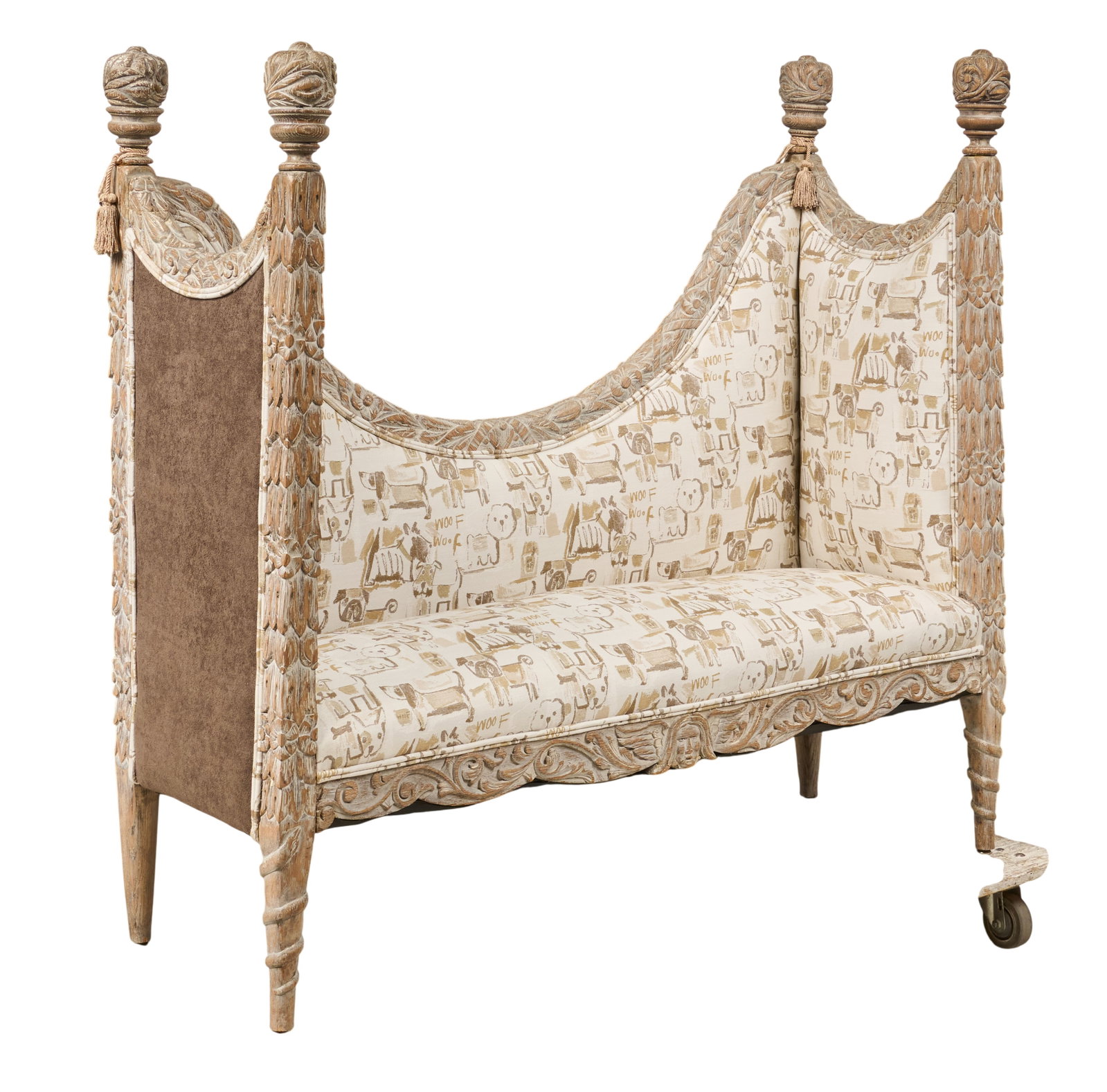 French Upholstered Dog Settee: French upholstered dog settee, with high sides, and dog motif design height 51.5 in. x width 54 in. x depth 19 in. Provenance: Property from a home in San Antonio, Texas