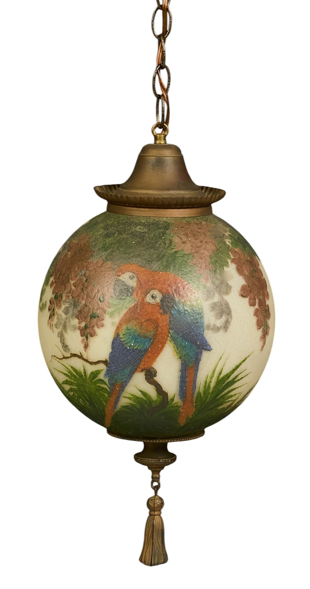 Vintage Handel Co. Style Pendant Lamp: Early 20th century hanging globe pendant lamp, obverses painted double parrot motifs, with brass hardware, unsigned, in the style of Handel Company, in working condition height 19.5 in. x width 9 in.