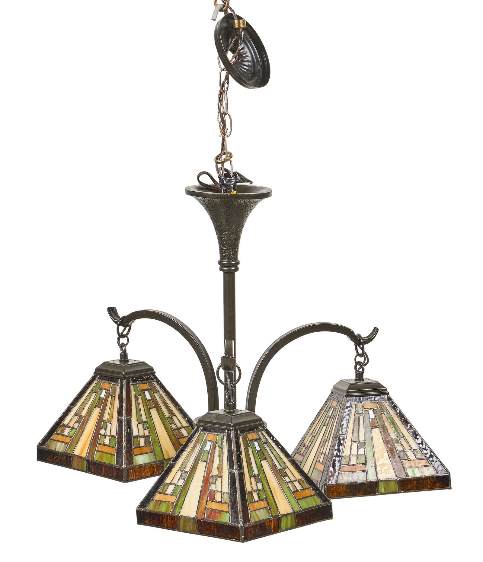 Tiffany Style Lighting Fixture: Tiffany style lighting fixture with three arms with geometric design height 19 in. x width 23 in. x depth 23 in. Provenance: Property from the collection of an industrial chemicals