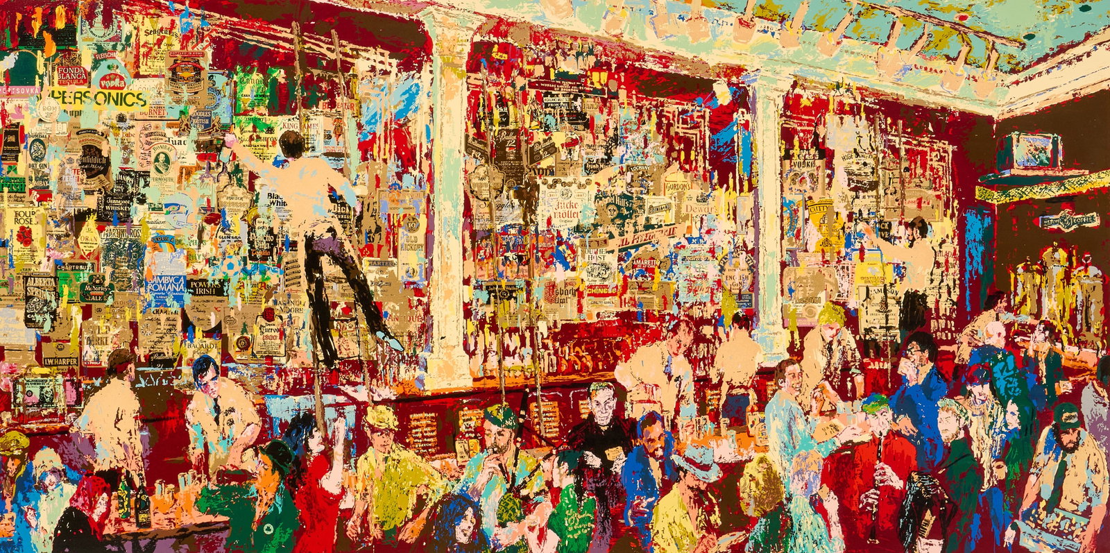 LeRoy Neiman, "F. X. McRory's Whiskey Bar": LeRoy Neiman (Amer., 1921-2012), "F. X. McRory's Whiskey Bar", artist-pulled serigraph, with signature and AP in the margin in pencil sight: 22.5 x 45 in., frame: