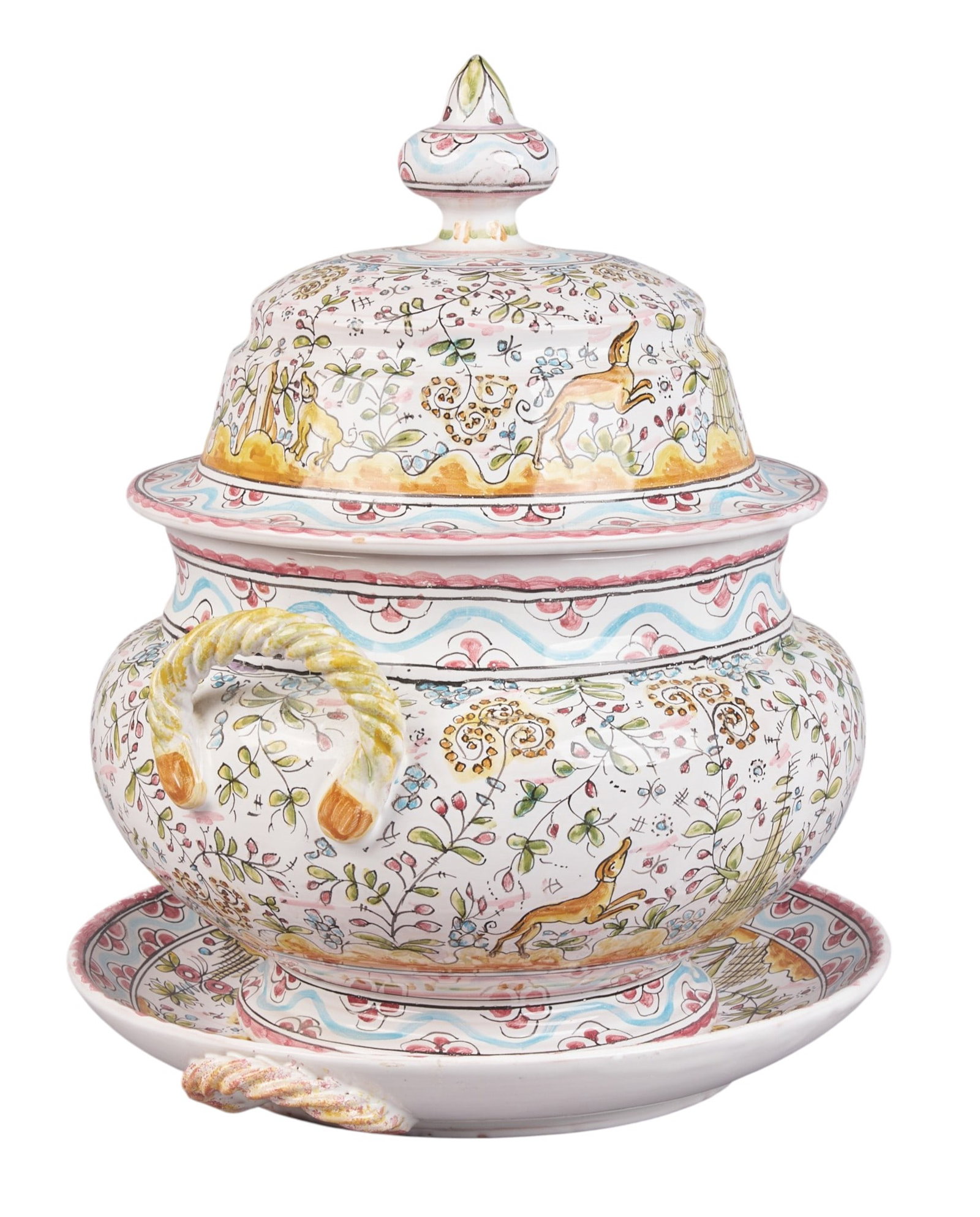 Hand Painted Tureen and Underplate: Hand-painted tureen and underplate, featuring floral and animal motif designs, marked on underside "Berardos", "Made in Portugal" height 13.5 in. x width 12 in. x