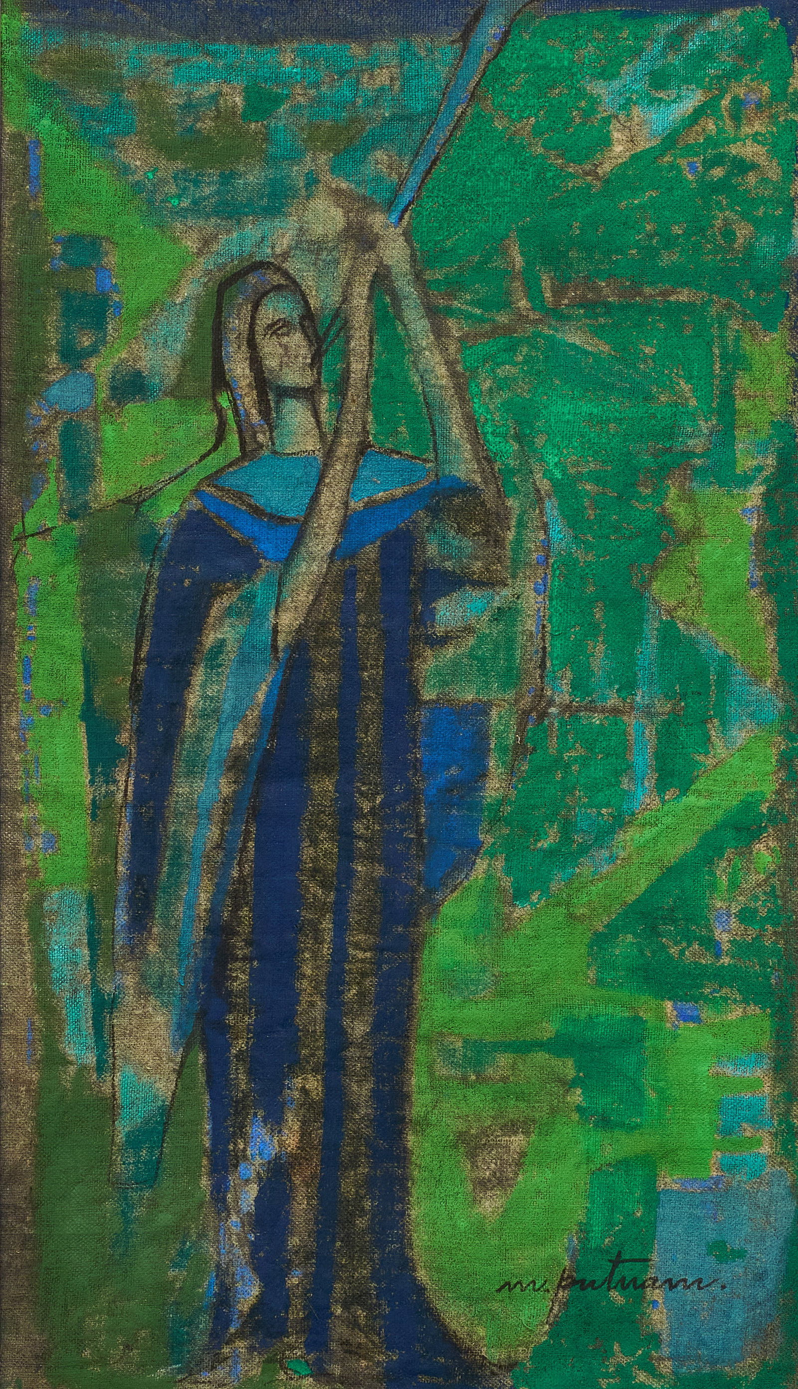 Margaret Putnam, Trumpeting Woman Batik: Margaret Putnam (Texas, 1913-1989), robed female figure with a trumpet, batik on linen, signed lower right sight: 21 x 12 in., frame: 28.5 x 19.5 in. Provenance: Property from the