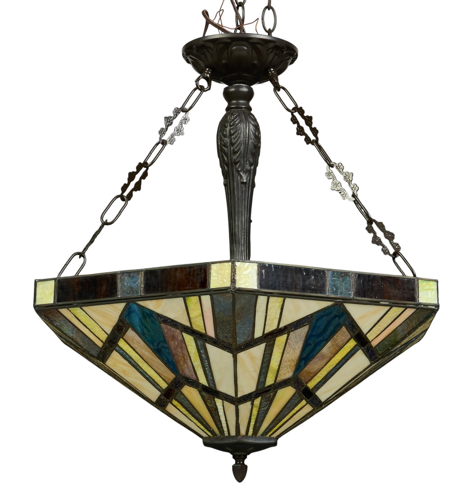Tiffany Style Lighting Fixture: Tiffany style slag glass lighting fixture with geometric motifs height 21 in. x width 22 in. x depth 22 in. Provenance: Property from the collection of an industrial chemicals entrepreneur, from his