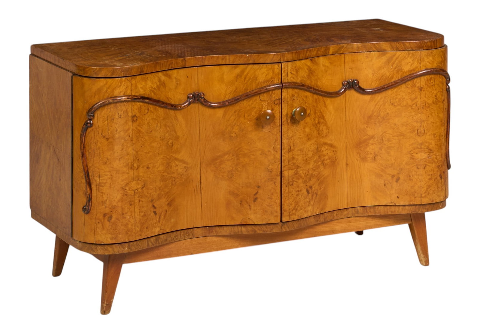 Burlwood Serpentine Commode: Commode featuring serpentine design, and burlwood veneer, with single-shelf interior, supported on splayed legs height 22 in. x width 37 in. x depth 15 in. 