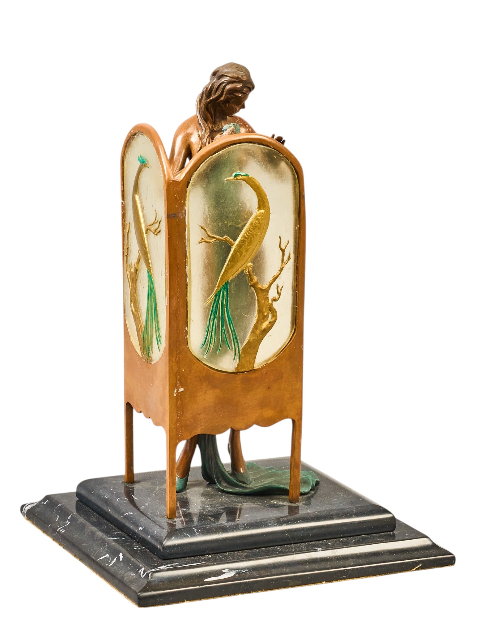 Art Deco Style Nude Sculpture: Art Deco style bronze sculpture, nude female figure changing behind a screen with glass panels, atop black stone base, incised signature and edition number, 35/180 height 16 in. x width 9.5 in. x