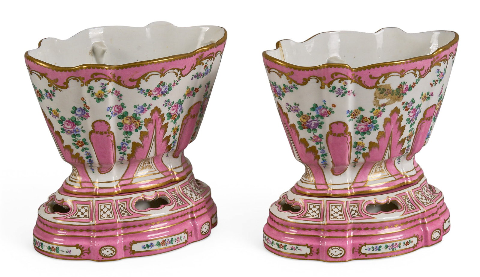 Pair of Sevres Style Porcelain Flower Holders: Pair of Sevres style porcelain flower holders height 6.5 in. x width 7 in. x depth 4.5 in. / each Provenance: Property from a home in San Antonio, Texas 