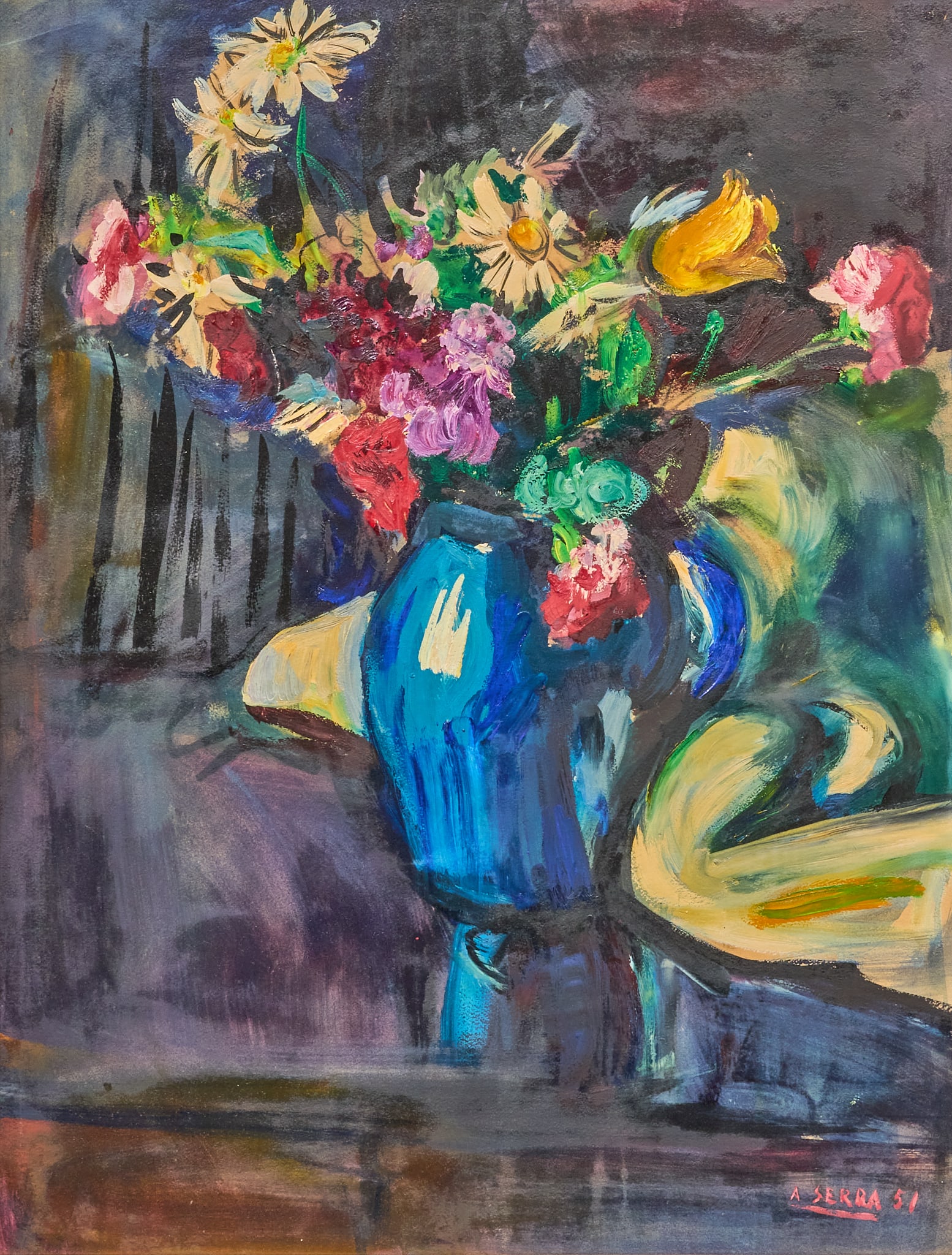 Antoine Serra, Floral Still Life, 1951: Antoine Serra (France, 1908-1995), floral still life, oil on panel, signed and dated lower right, 1951 sight: 26 x 20 in., frame: 29.5 x 23.5 in. Provenance: Property from a home