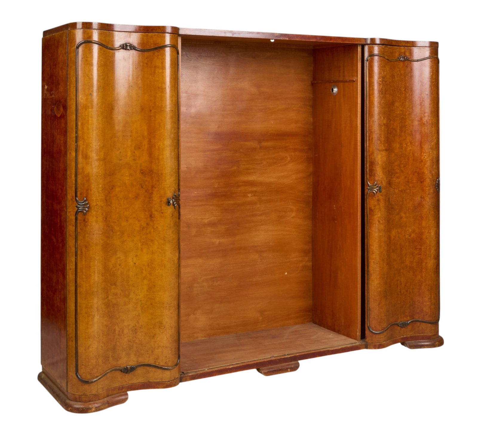Large Burl Wardrobe: Large wardobe with serpentine doors with burl veneer height 72 in. x width 91 in. x depth 24 in. Condition: two middle doors not attached, but included 