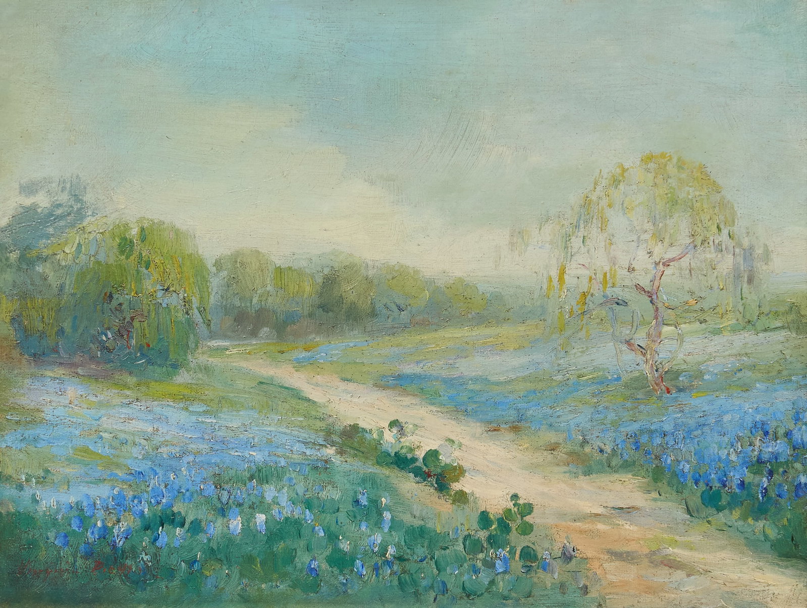Virginia Betts, Bluebonnet Path: Virginia Battaile (alt. Battle) Betts (Texas, 1880-1942), path through field of bluebonnets and cactus, oil on canvas (relined), signed lower left sight: 10 x 13 in., frame: 13.5 x 16.5 in. Provenance