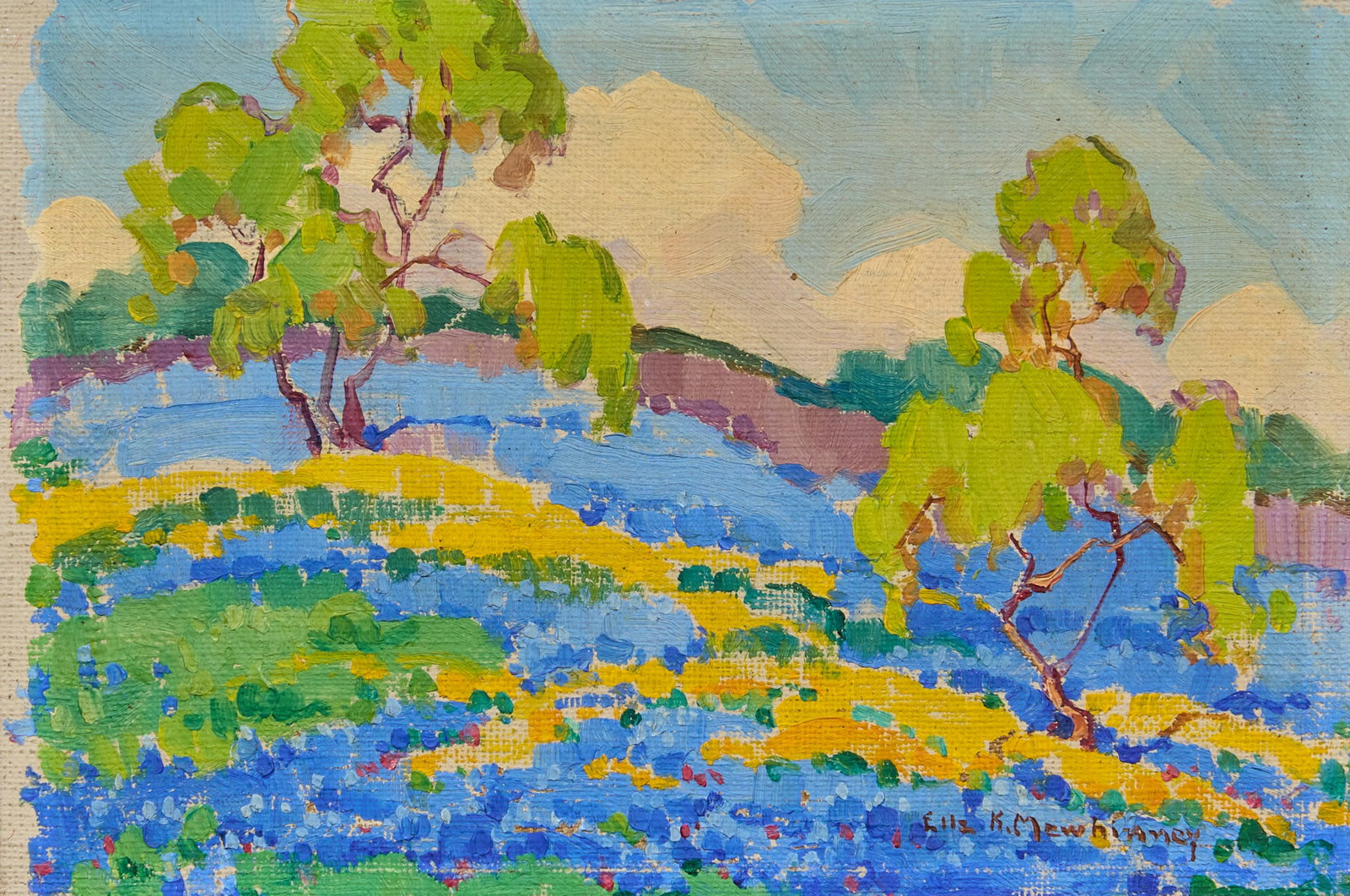 Ella Mewhinney, Plein-Air Bluebonnets: Ella Marie Koepke Mewhinney (Texas, 1891-1975), bluebonnet landscape, likely a plein-air field sketch, oil on canvas panel, signed lower right sight: 5 x 7 in., frame: 10 x 11.5 in. Provenance: P