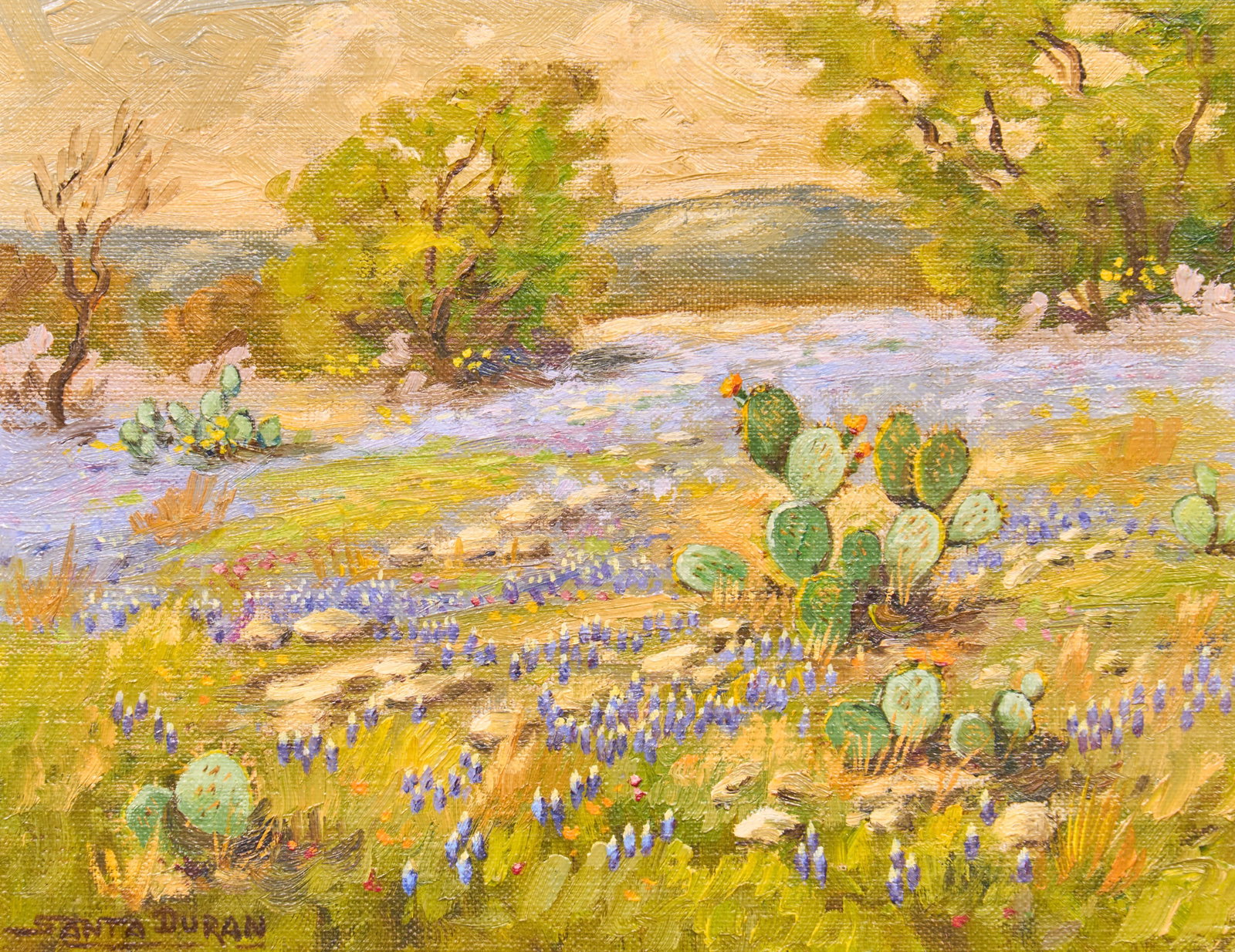Santa Duran, Bluebonnet Landscape: Santa Duran (Texas / Mexico, 1909-2002), bluebonnet landscape, oil on canvas panel, signed lower left sight: 8 x 10 in., frame: 11 x 13 in. Provenance: Property from a home in San Antonio, Texas 