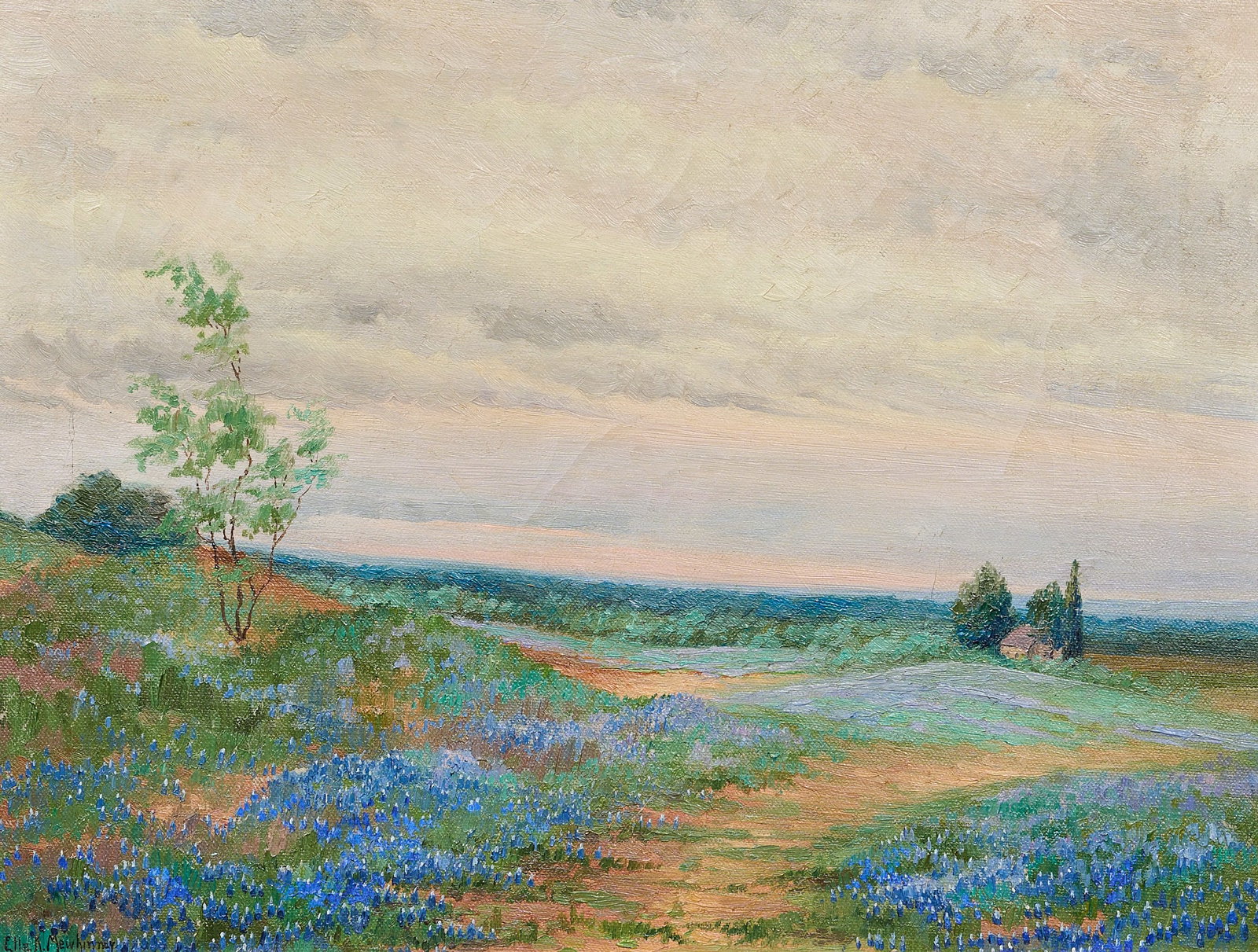 Ella Mewhinney, Bluebonnet Landscape: Ella Marie Koepke Mewhinney (Texas, 1891-1975), bluebonnet landscape, oil on canvas, signed lower left sight: 14 x 18 in., frame: 17 x 21 in. Provenance: Property from a Texas Hill Country collector E