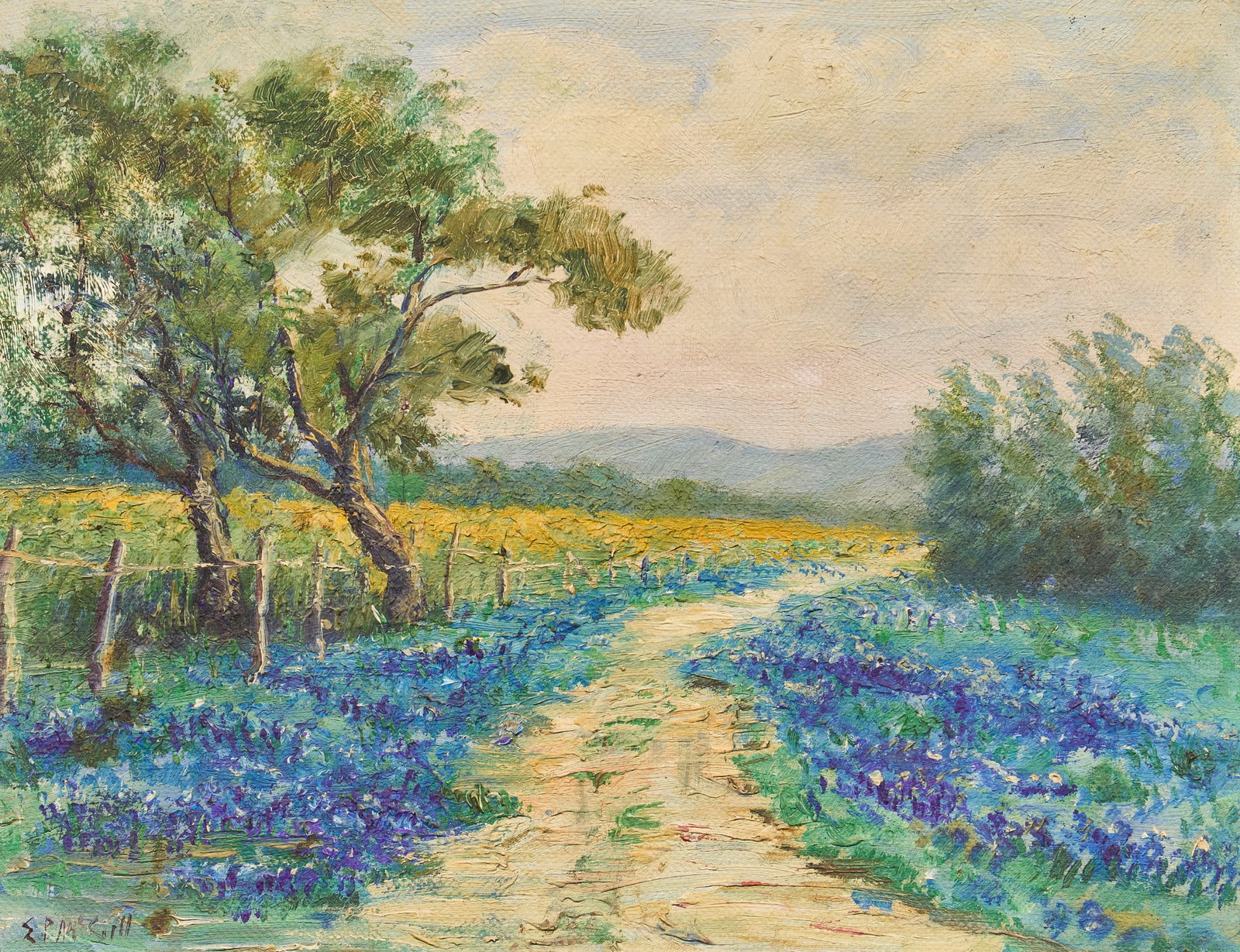 Eloise Polk McGill, Bluebonnet Landscape: Eloise Polk McGill (Texas, 1868-1939), bluebonnet landscape, oil on canvas panel, signed lower left sight: 11 x 14 in., frame: 15 x 18 in. Provenance: Property from a home in Amarillo, 