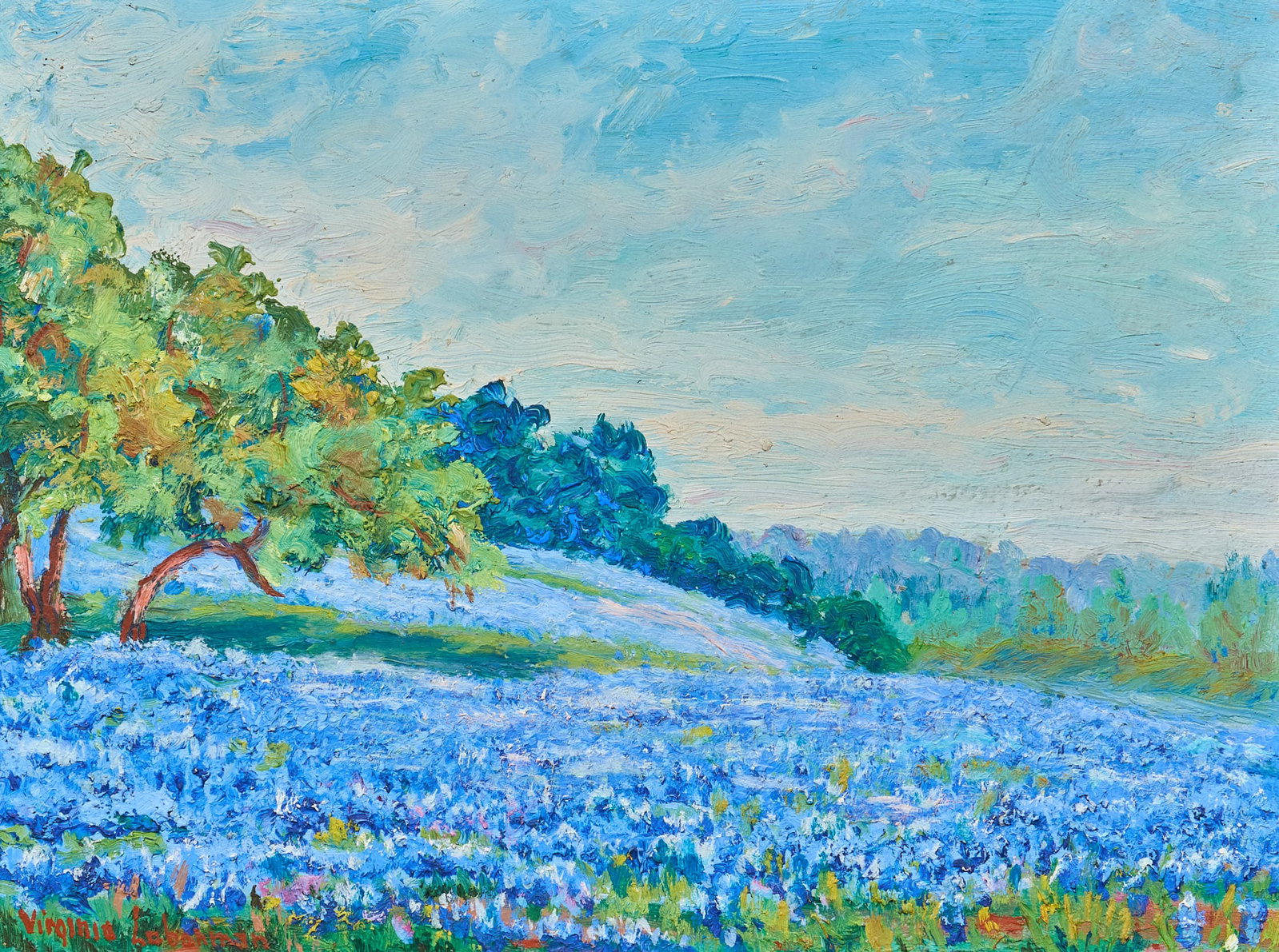 Ella Leberman, Georgetown Road, 1928: Ella Viriginia Leberman (Austin, Texas, 1886-1968), bluebonnets "Painted the Spring of 1928 on the Georgetown Road", oil on panel, signed lower left, artist's inscription in pencil 
