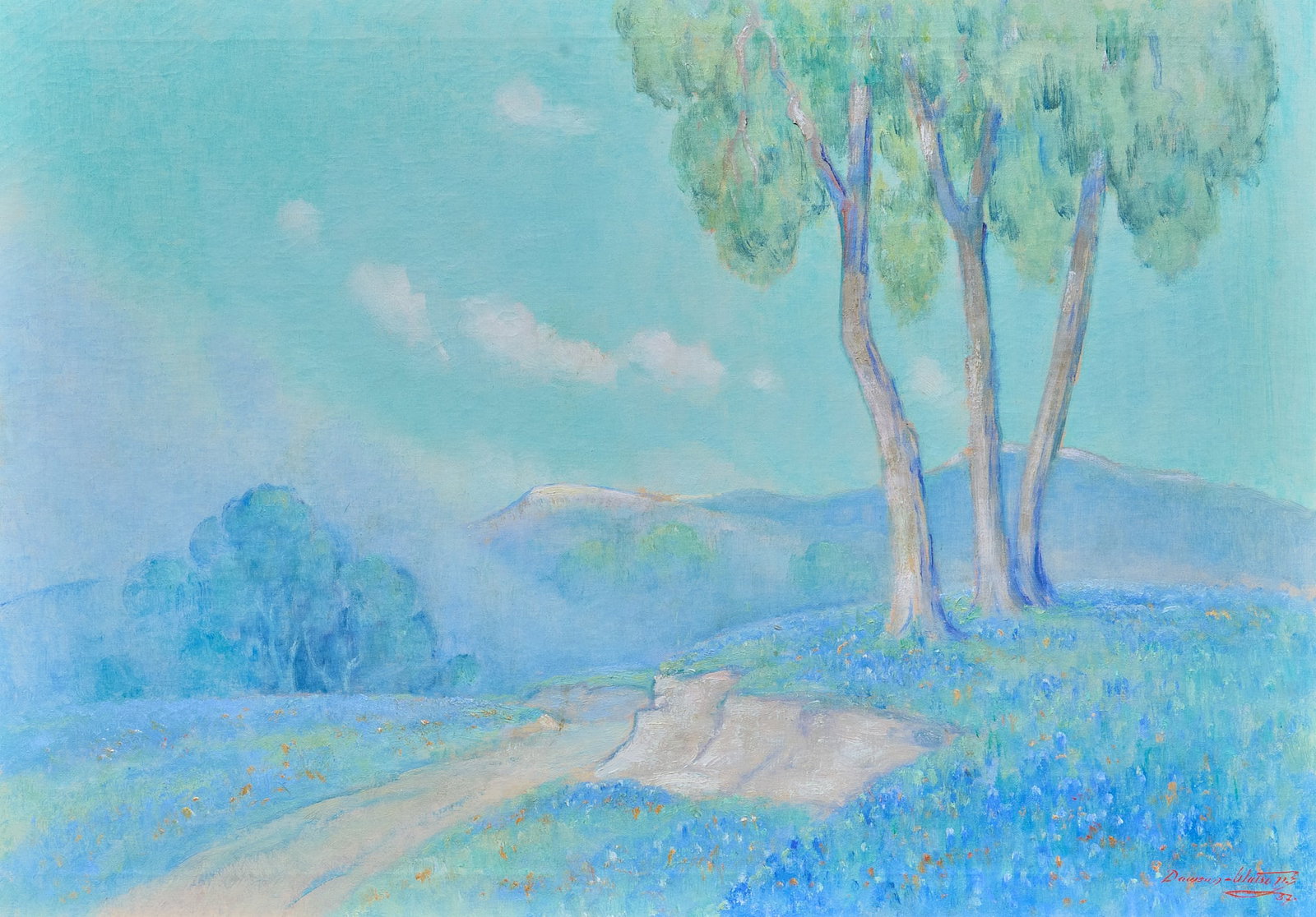 Dawson Dawson-Watson, Bluebonnet Landscape: Dawson Dawson-Watson (Texas, 1864-1939), bluebonnet landscape, oil on canvas, signed and dated lower right, 1937 sight: 24 x 34 in., frame: 29.5 x 39.5 in. Provenance: Gift from the artist to his