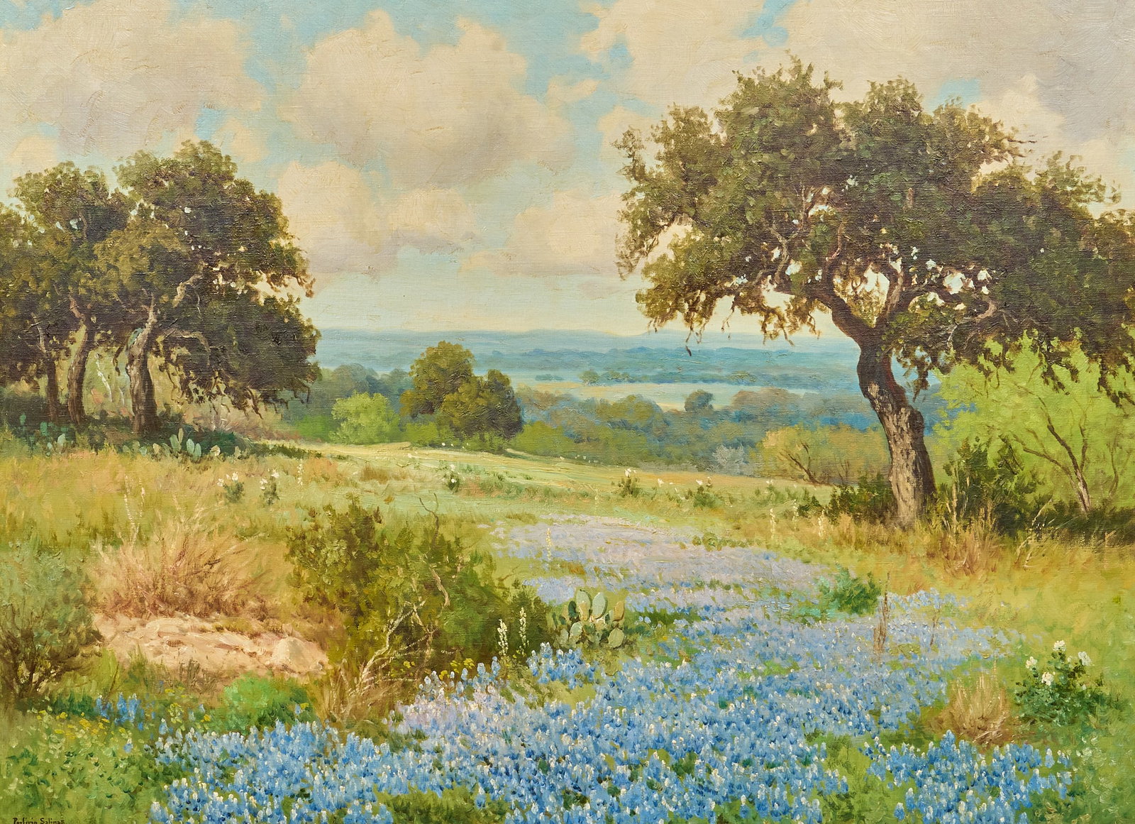 Porfirio Salinas, "Bluebonnets and Beyond", 1939: Porfirio Salinas (Texas, 1910-1973), "Bluebonnets and Beyond", oil on canvas, signed lower left; handwritten notes on the verso reading "This painting was relined and cleaned by Frank O