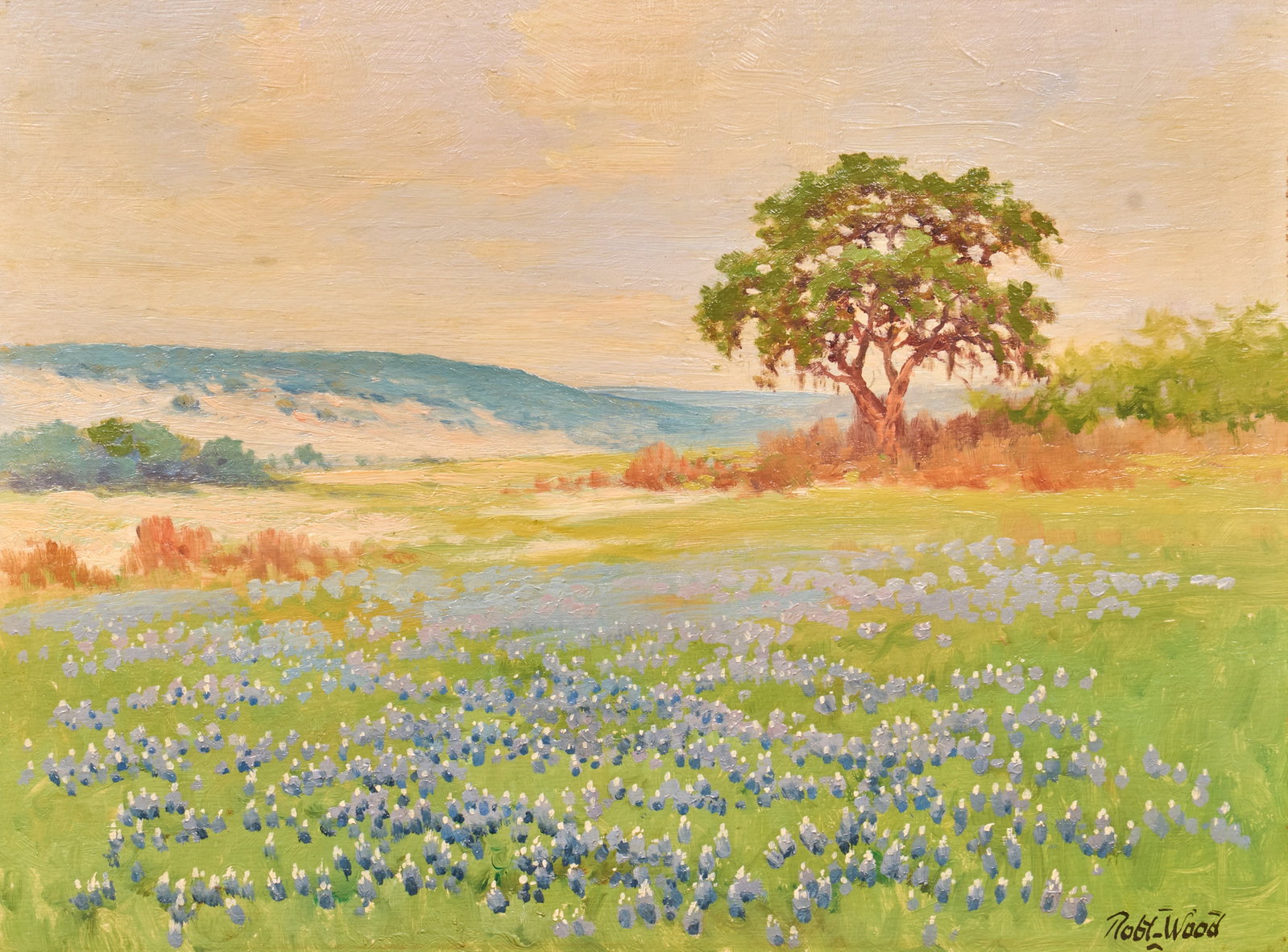 Robert Wood, Field of Bluebonnets: Robert Wood (Texas / California, 1889-1979), field of bluebonnets, oil on panel, signed lower right sight: 12 x 16 in., frame: 15.5 x 19.5 in. Provenance: Property from a home in Universal City, Texas