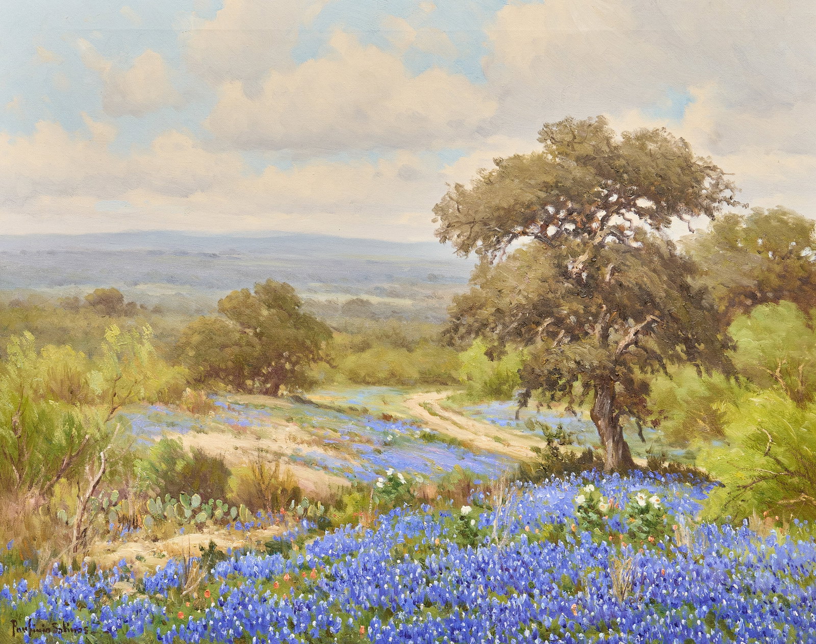 Porfirio Salinas, Bluebonnet Landscape: Porfirio Salinas (Texas, 1910-1973), bluebonnet landscape, oil on canvas, signed lower left sight: 24 x 30 in., frame: 29.5 x 35.5 in. Purchased from the artist by the founders of Lone 