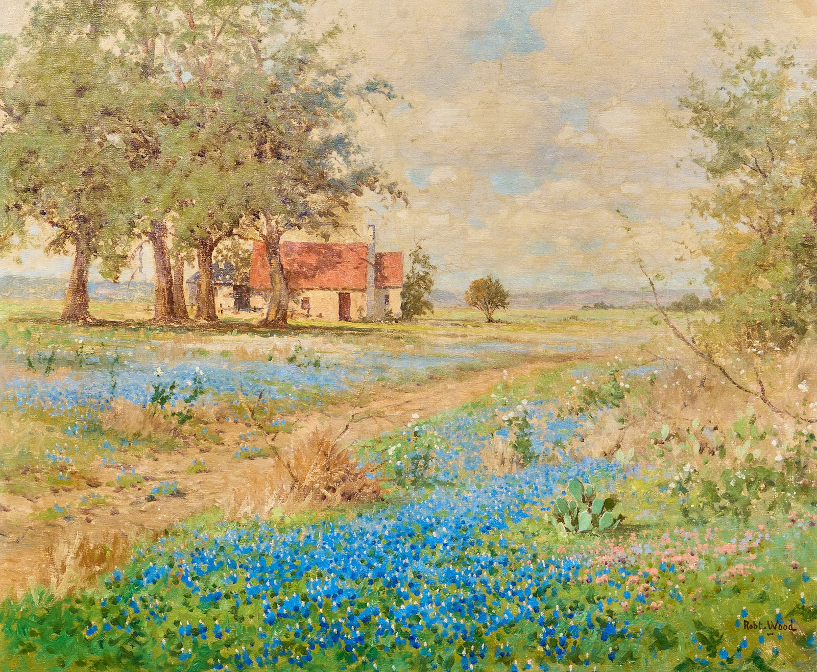 Robert Wood, Bluebonnet Landscape with House: Robert Wood (Texas / California, 1889-1979), stone house and bluebonnets, oil on canvas (relined), signed lower right sight: 25 x 30 in., frame: 33 x 37 in. Provenance: The Estate of Charles
