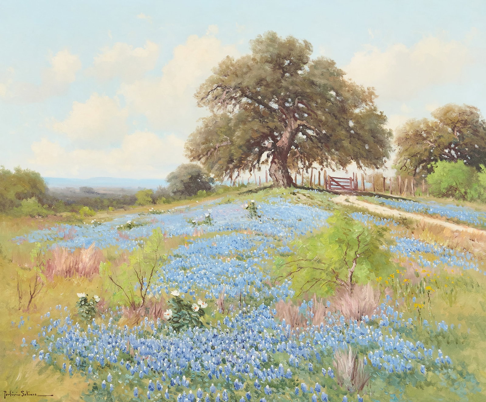 Porfirio Salinas, Bluebonnets and Ranch Gate: Porfirio Salinas (Texas, 1910-1973), hillside landscape with bluebonnets, oak, and red ranch gate, oil on canvas, signed lower left sight: 30 x 36 in., frame: 38 x 44 in. Provenance: Property from a h