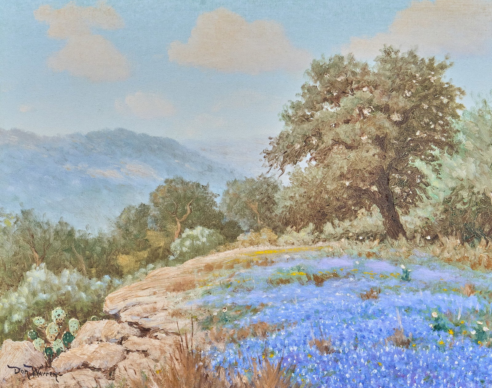 Don Warren, Bluebonnets and Oak Tree: Don Herrin Warren (Texas, 1935-2006), Hill Country limestone cliff with bluebonnets and oak tree, oil on canvas, signed lower left sight: 16 x 20 in., frame: 24 x 28.5 in. Provenance: Property from a 