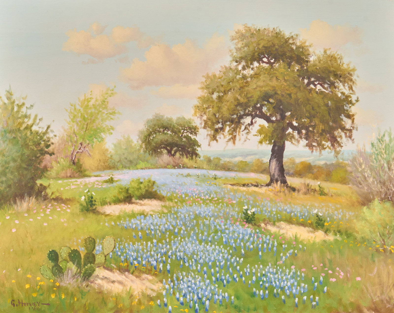 G. Harvey, Bluebonnet Landscape: G. Harvey (Gerald Harvey Jones, Texas, 1933-2017), bluebonnet landscape in the Hill Country, oil on canvas, signed and dated lower left, 1960 sight: 24 x 30 in., frame: 30 x 36 in. Provenanc